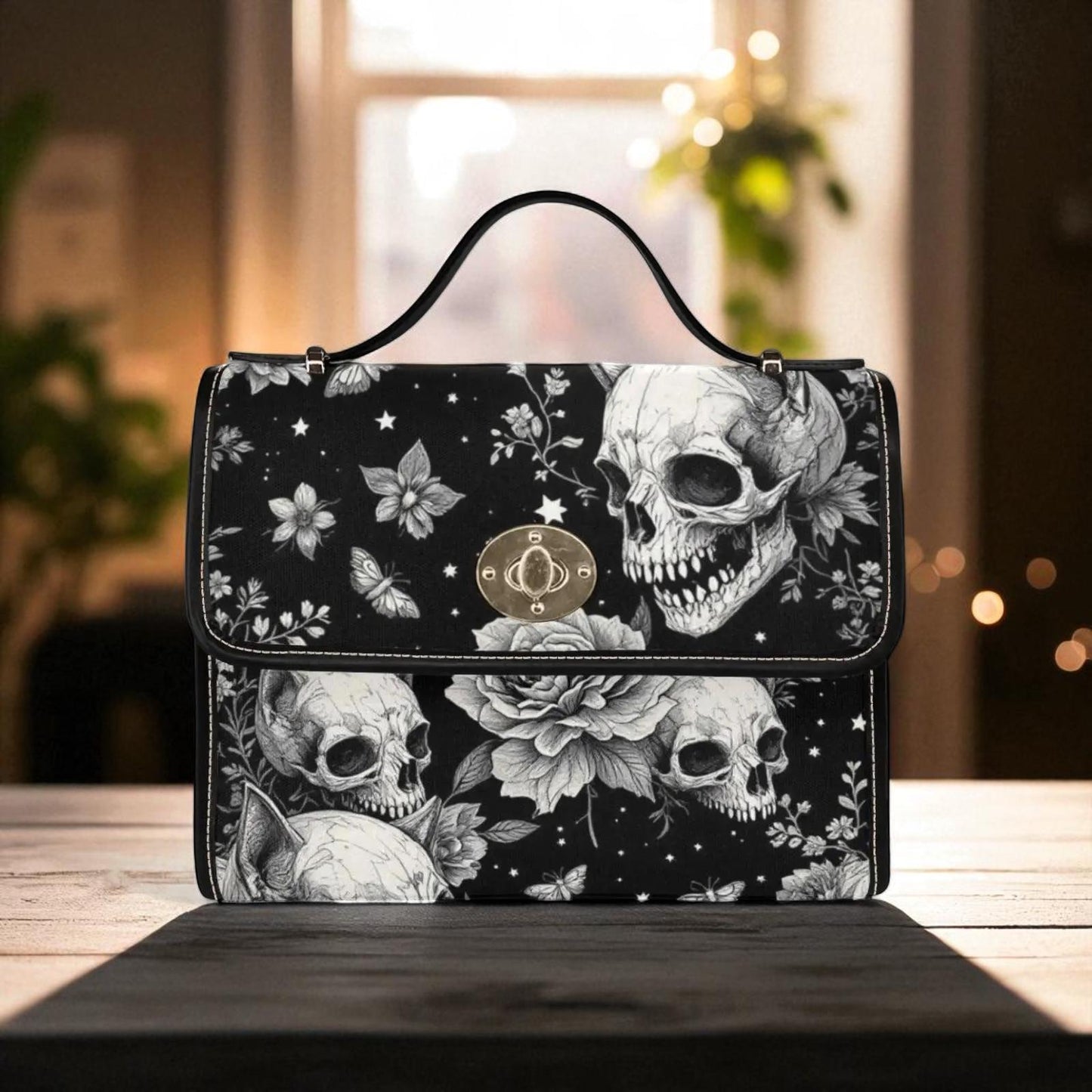 Rose skull pattern satchel, black floral crossbody purse, eerie butterfly print handbag, vintage creepy bag