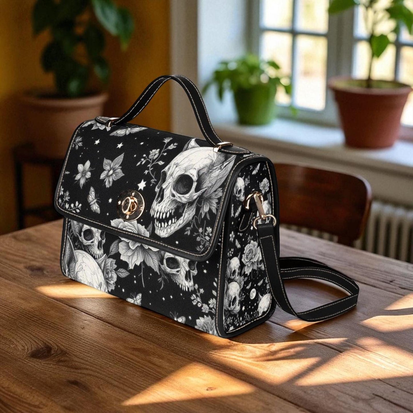 Rose skull pattern satchel, black floral crossbody purse, eerie butterfly print handbag