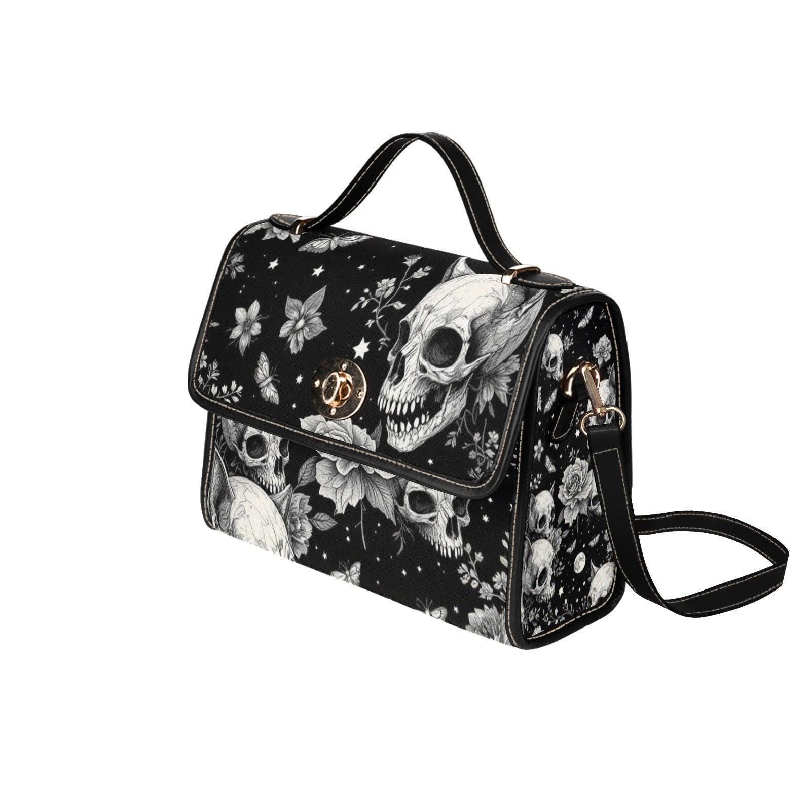 Rose skull pattern satchel, black floral crossbody purse, eerie butterfly print handbag, vintage creepy bag