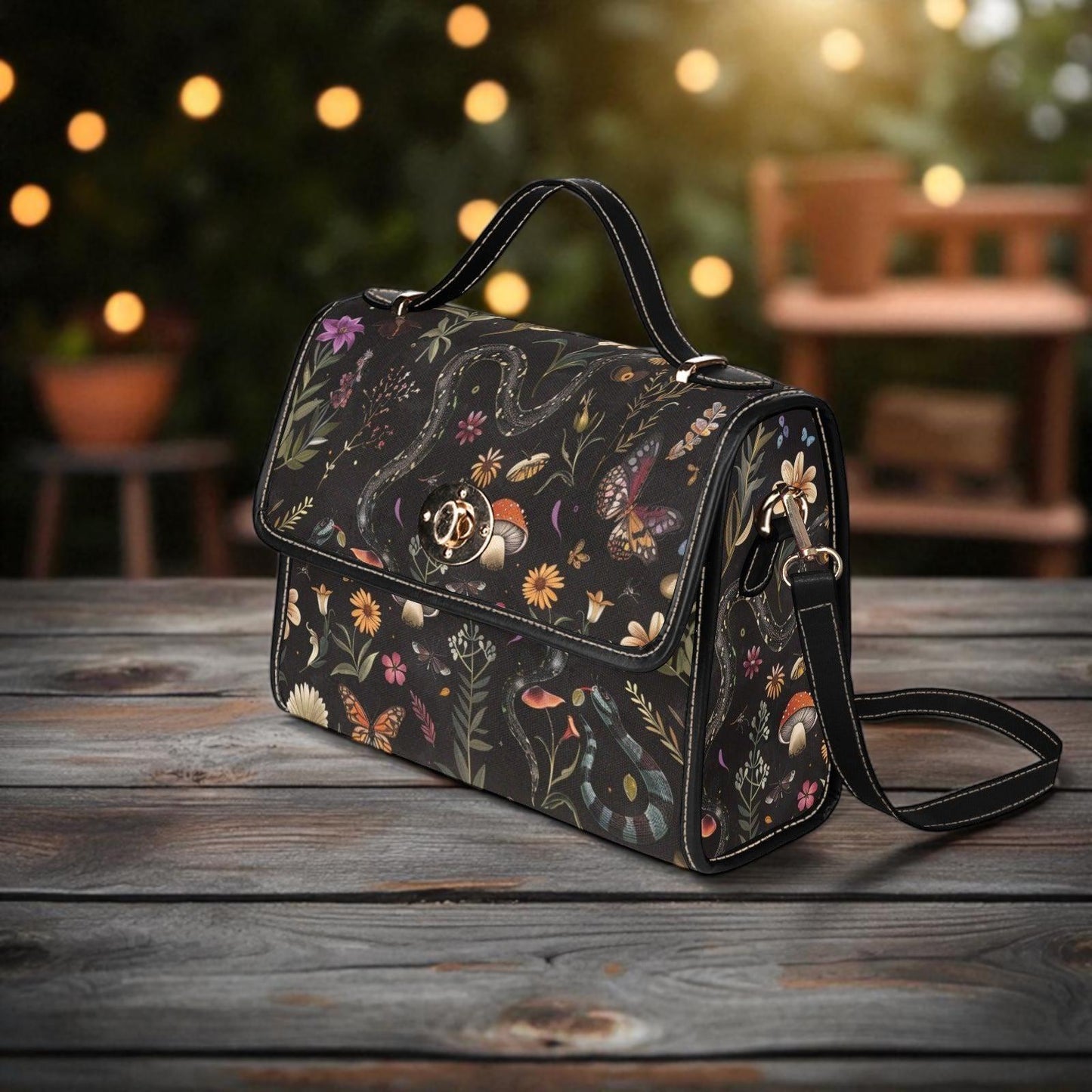 Snake Satchel Purse, Witchy Butterfly Handbag, Mushroom Floral Top Handle Bag