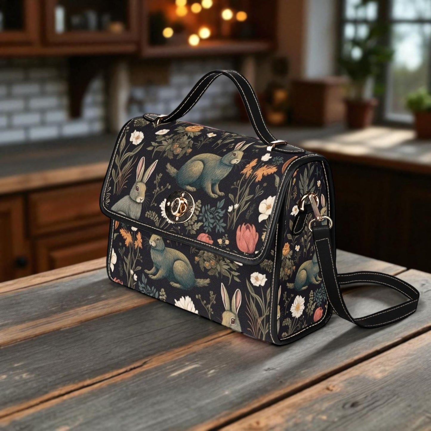 Rabbit and Wildflower Field Handbag, Cottagecore Crossbody, Enchanted Forest Purse, Spring Floral Bag