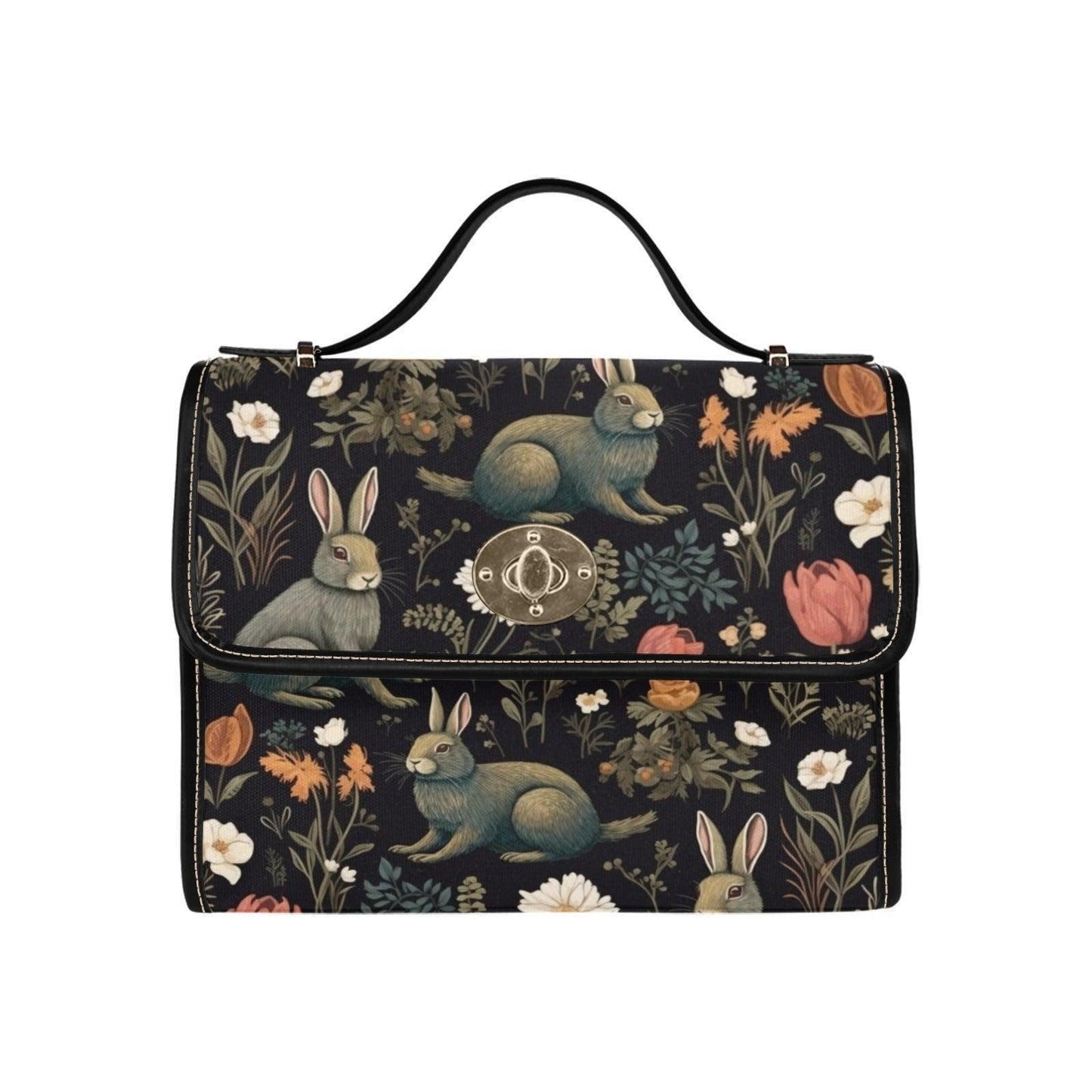 Rabbit and Wildflower Field Handbag, Cottagecore Crossbody, Enchanted Forest Purse, Spring Floral Bag