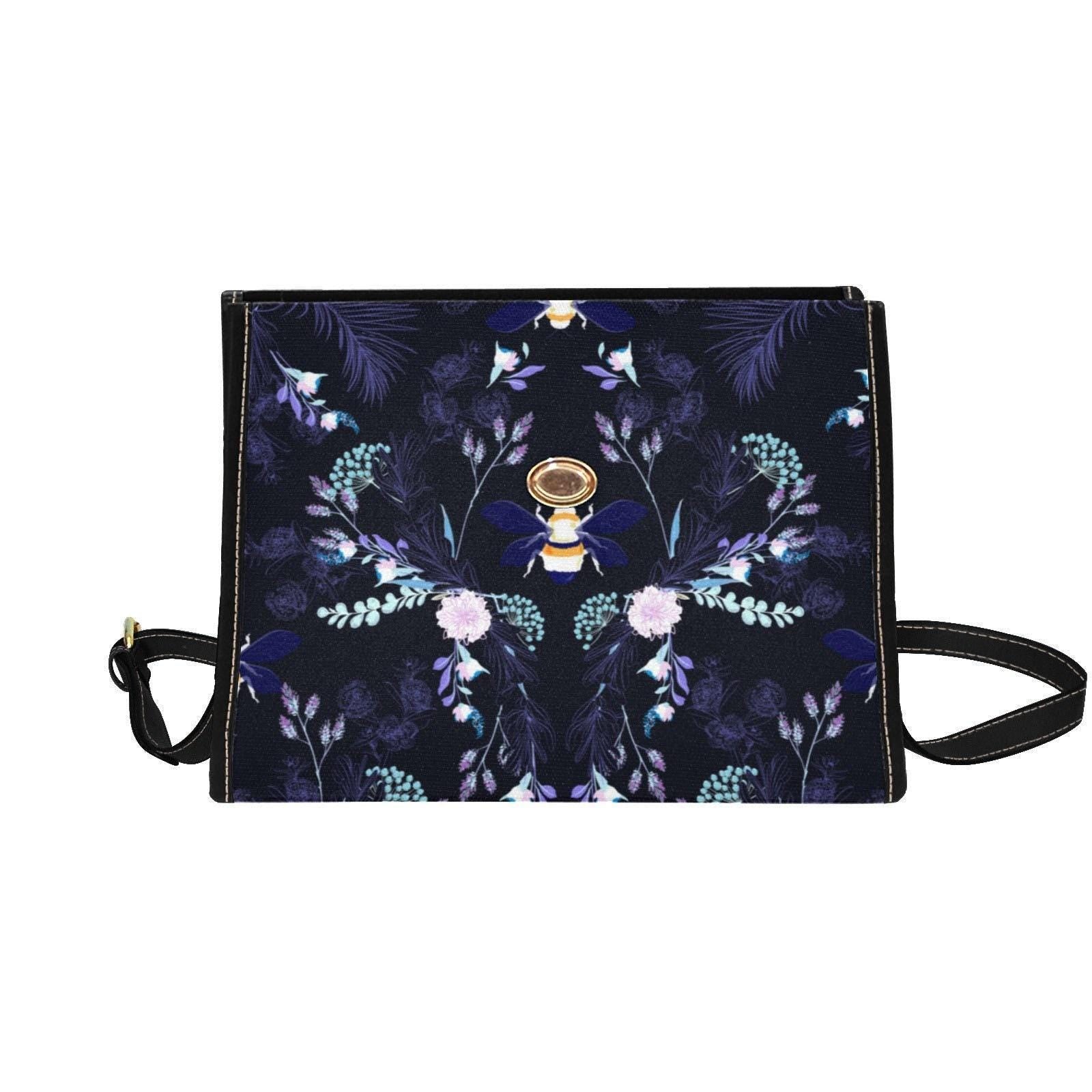Bee Crossbody Purse, Night Garden Handbag, Dark Floral Statement Bag