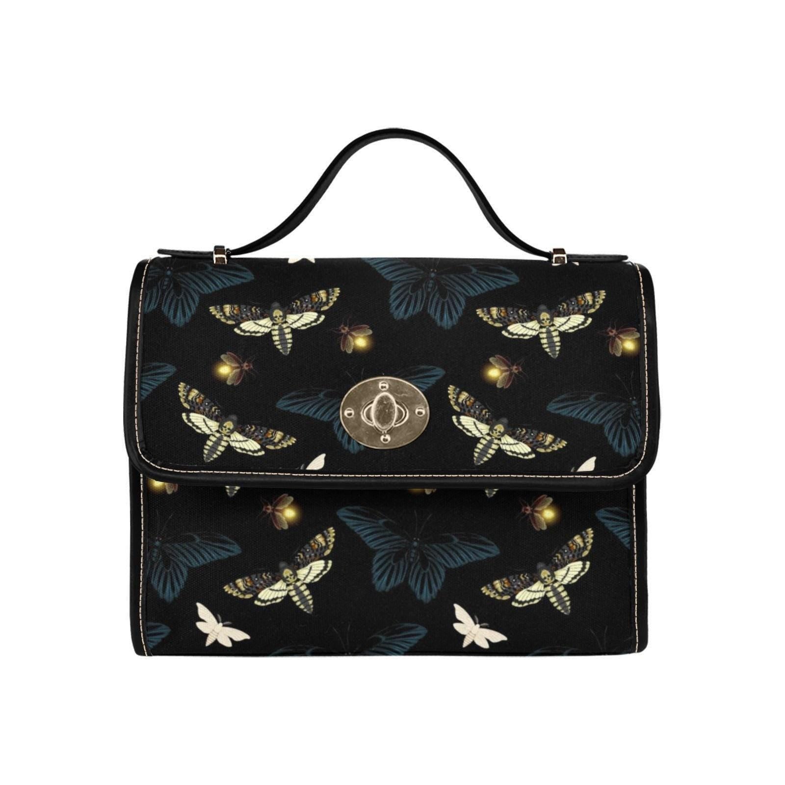 Moth and Firefly Crossbody Bag, Cottagecore Vegan Leather Purse, Whimsical Bug Insect Print Gift