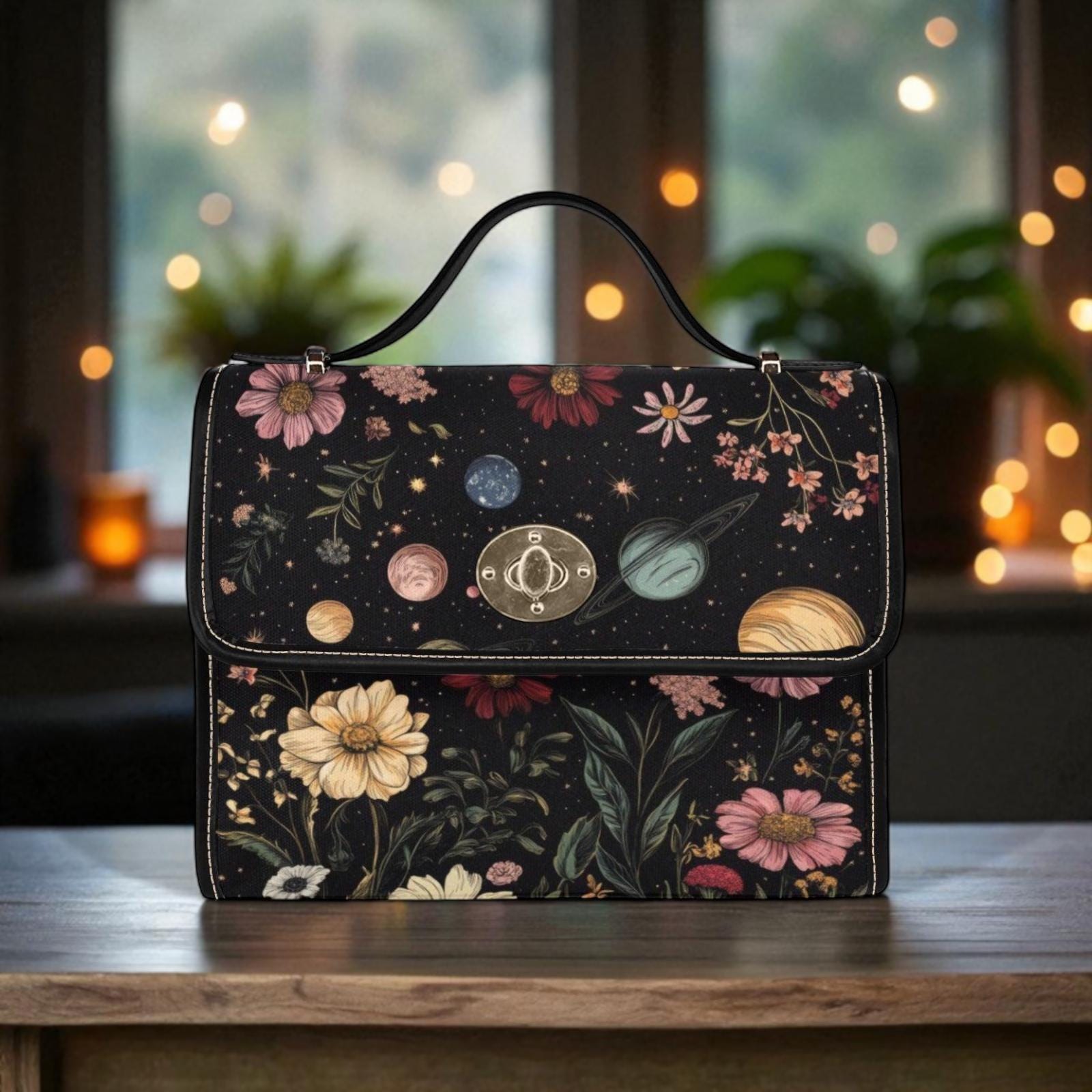 Celestial planets and floral purse, cosmic garden handbag, witchy space bag, waterproof canvas tote