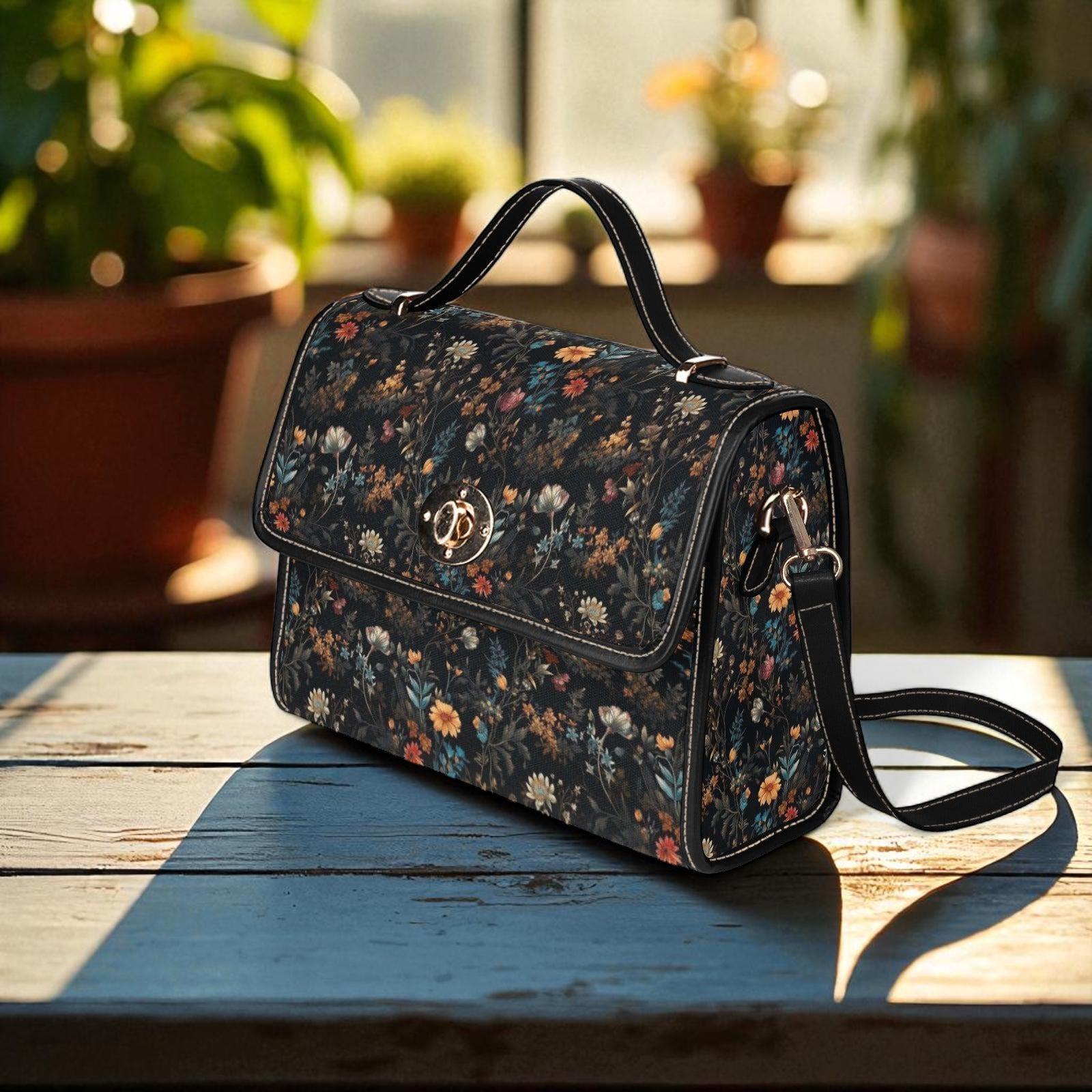 Wildflower Field Bag, Botanical Floral Satchel, Dark Cottagecore