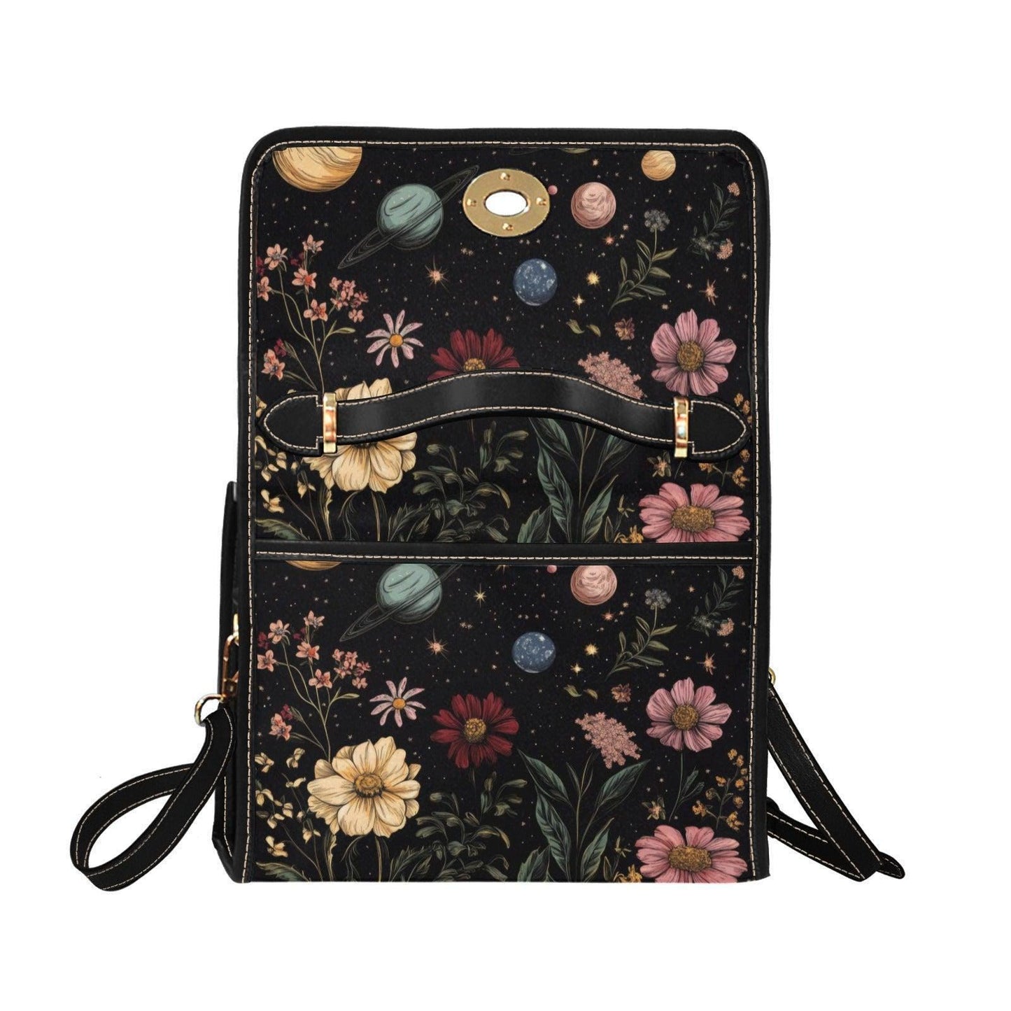 Celestial planets and floral purse, cosmic garden handbag, witchy space bag, waterproof canvas tote