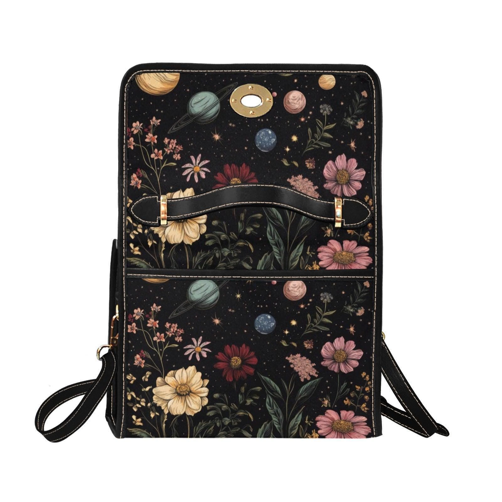 Celestial planets and floral purse, cosmic garden handbag, witchy space bag, waterproof canvas tote