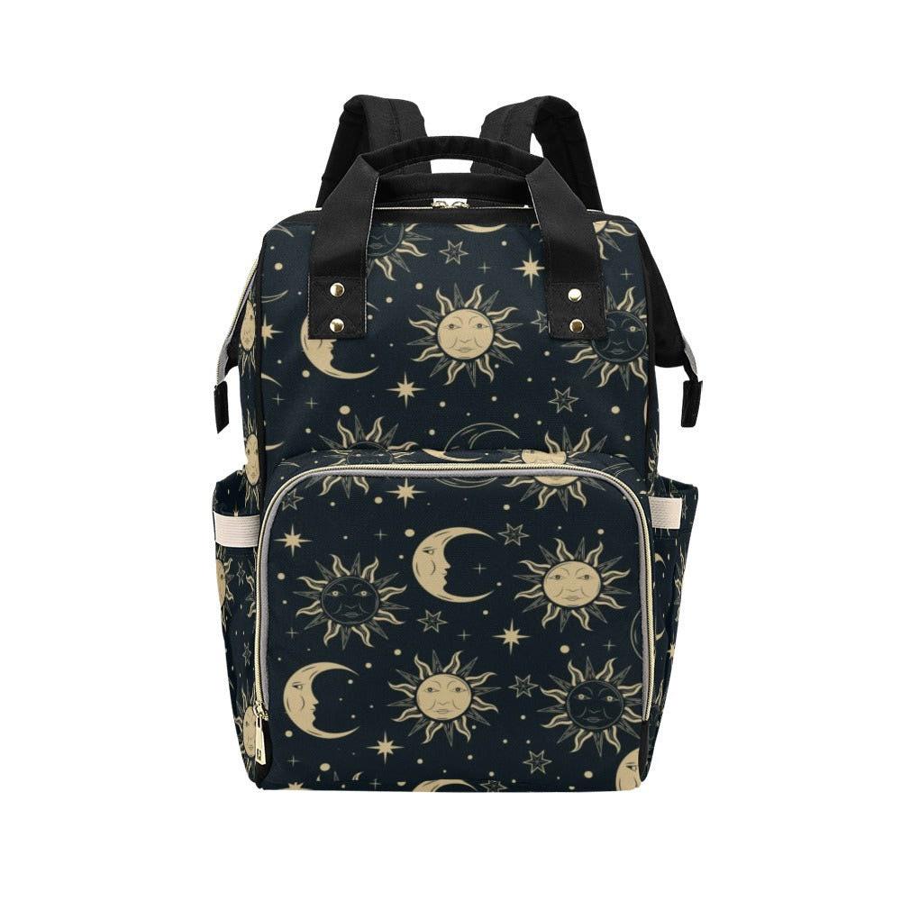 Celestial sun moon backpack, mystical diaper bag for moms, starry night travel tote, gothic witchy baby bag