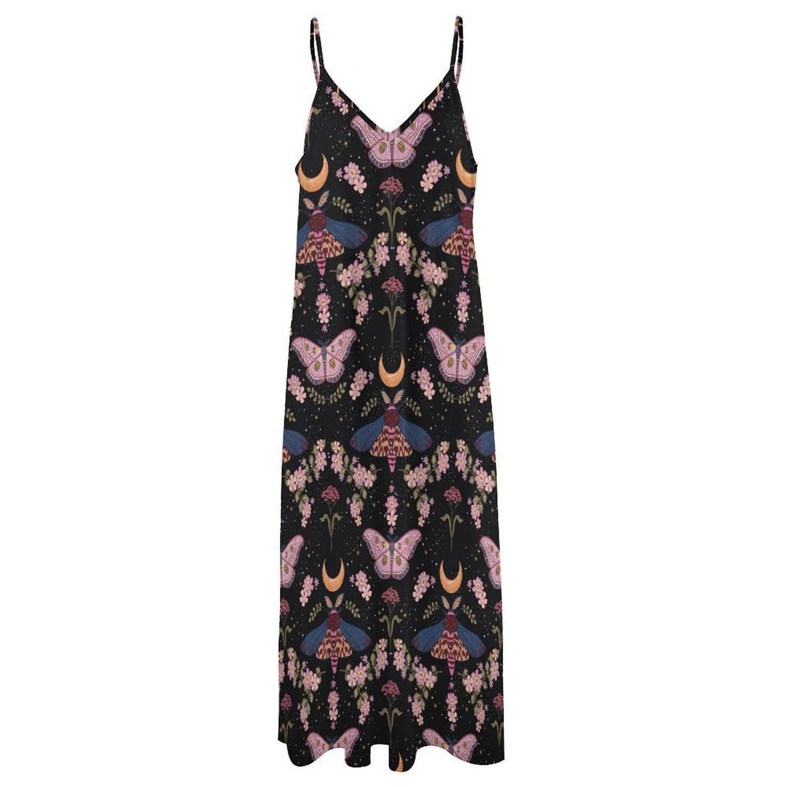 Moon Moth Floral Maxi Dress, Celestial Boho Butterfly Gown, Witchy Garden Outfit