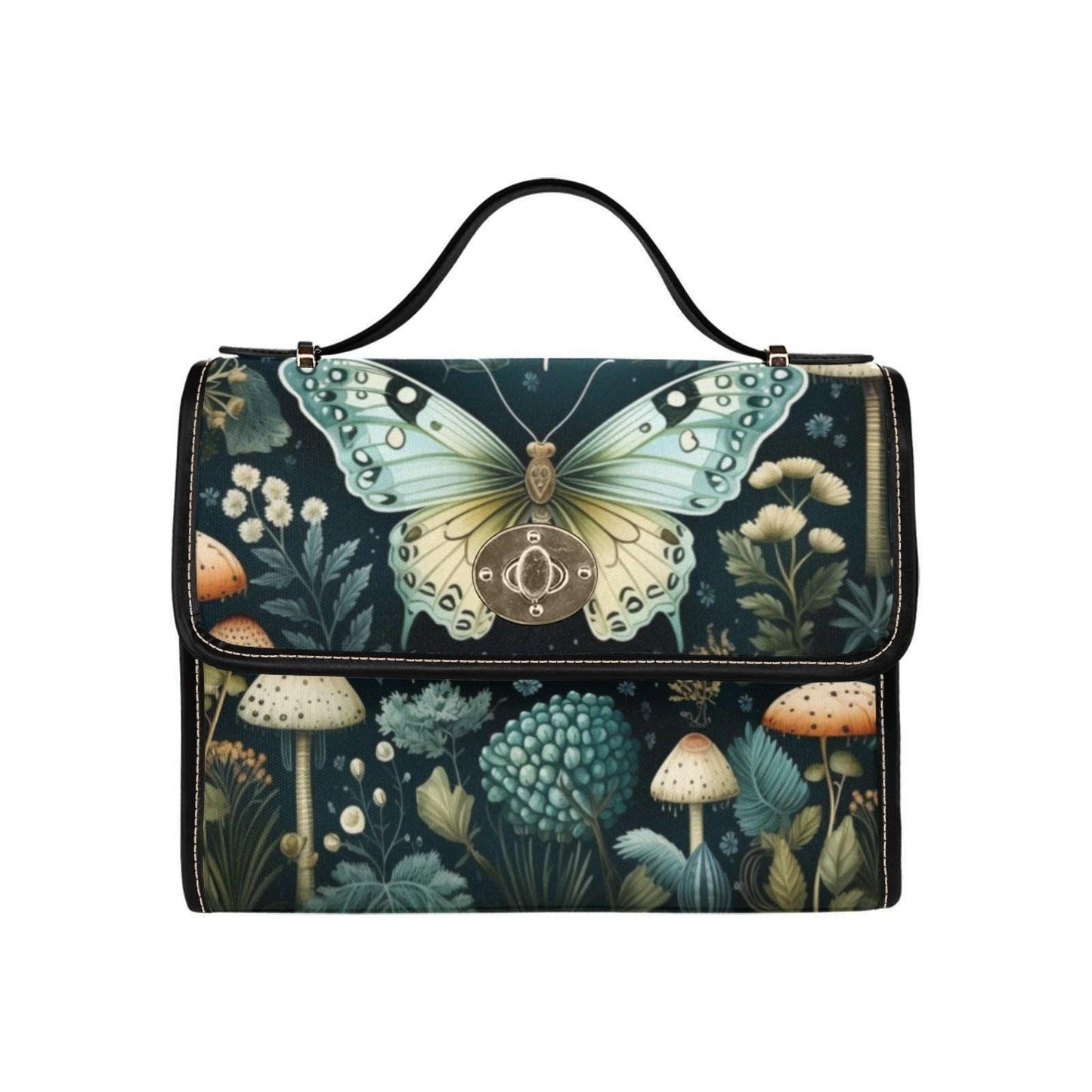 Mushroom Butterfly Shoulder Bag, Forestcore Satchel with Luna Moth Art, Fairycore Cottage Handbag, Whimsical Nature Print Purse Gift Idea