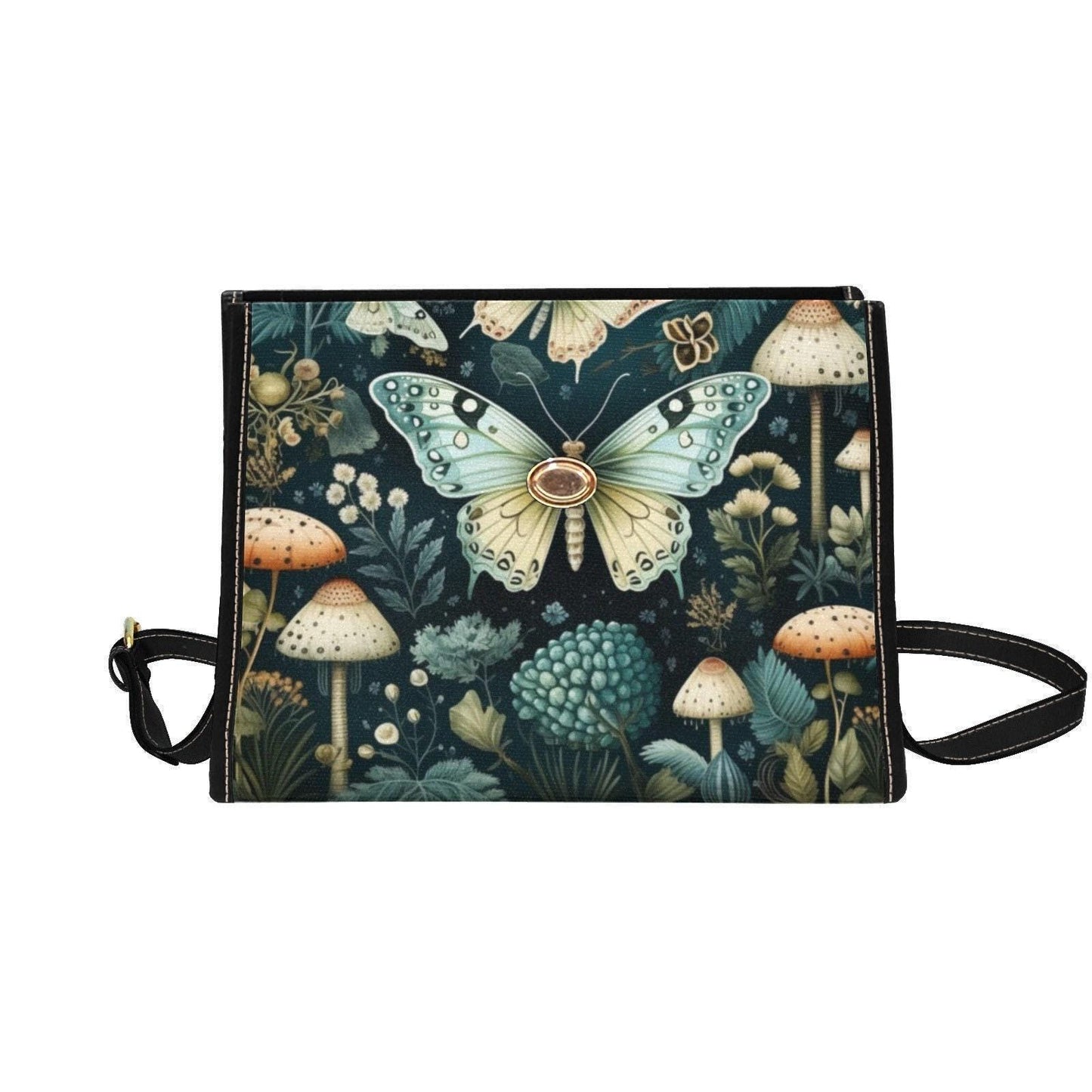 Mushroom Butterfly Shoulder Bag, Forestcore Satchel with Luna Moth Art, Fairycore Cottage Handbag, Whimsical Nature Print Purse Gift Idea