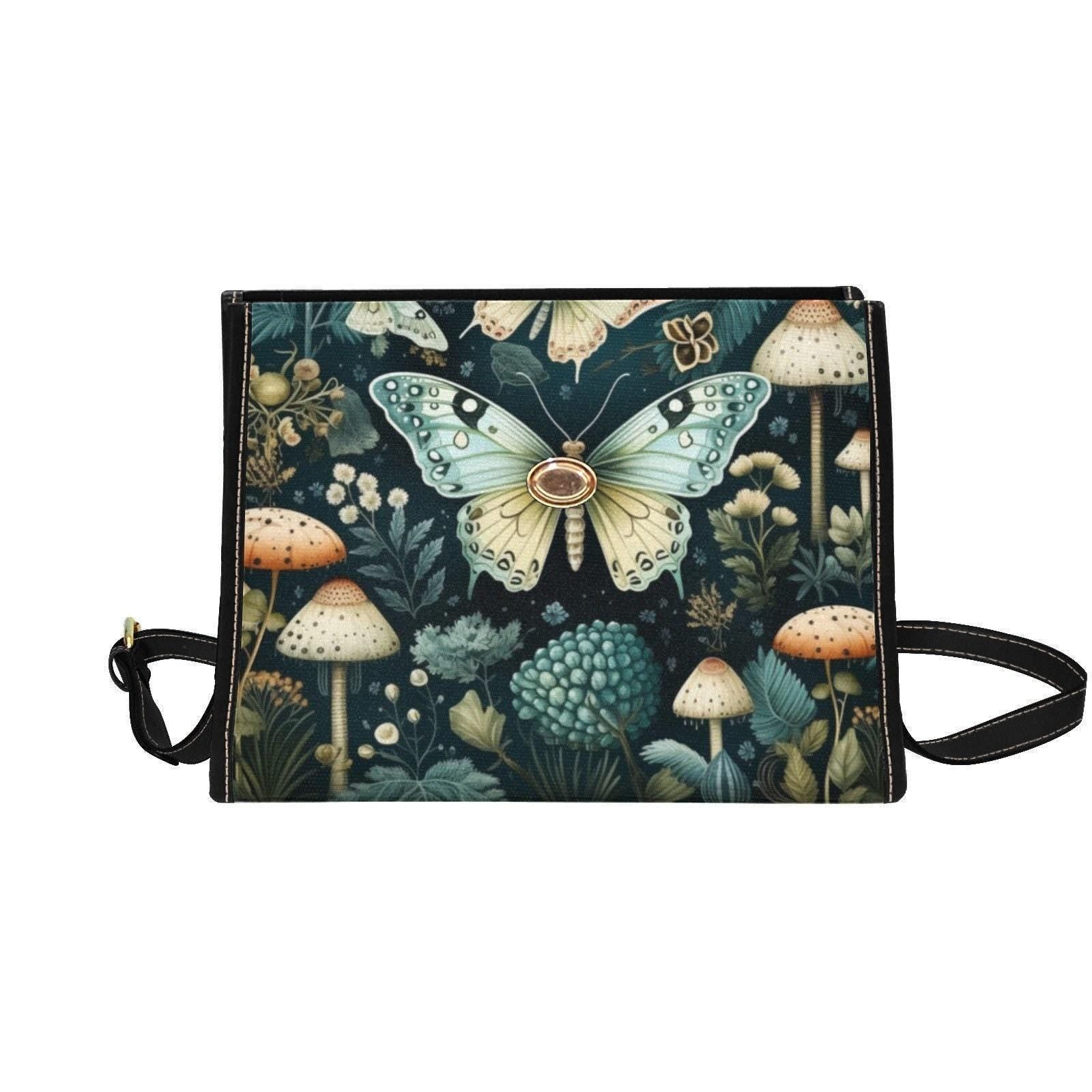 Mushroom Butterfly Shoulder Bag, Forestcore Satchel with Luna Moth Art, Fairycore Cottage Handbag, Whimsical Nature Print Purse Gift Idea