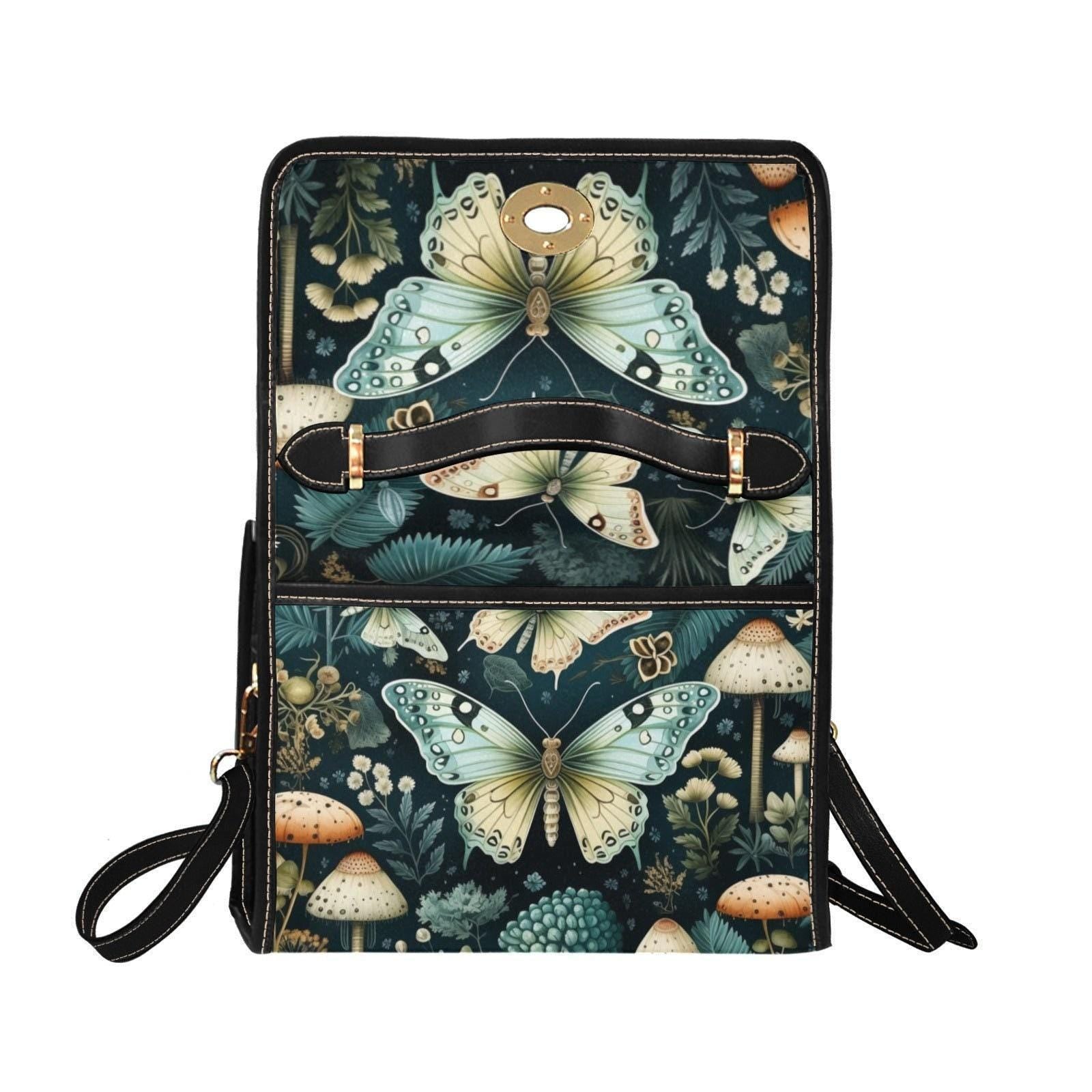 Mushroom Butterfly Shoulder Bag, Forestcore Satchel with Luna Moth Art, Fairycore Cottage Handbag, Whimsical Nature Print Purse Gift Idea