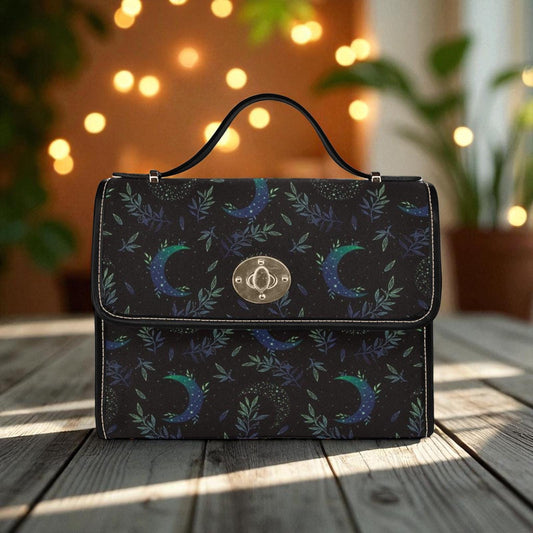 Celestial Crescent Moon & Vine Handbag – Night Forest Print