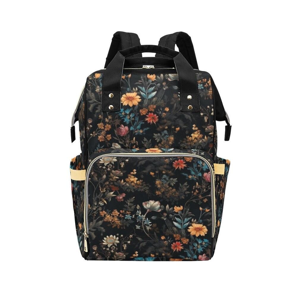Vintage Floral Diaper Backpack Dark Wildflower Baby Bag for Boho Moms