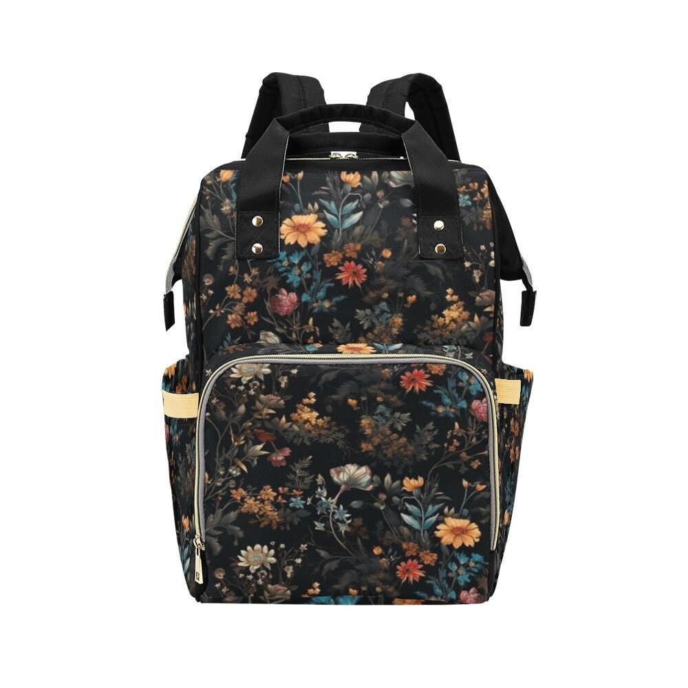Vintage Floral Diaper Backpack Dark Wildflower Baby Bag for Boho Moms