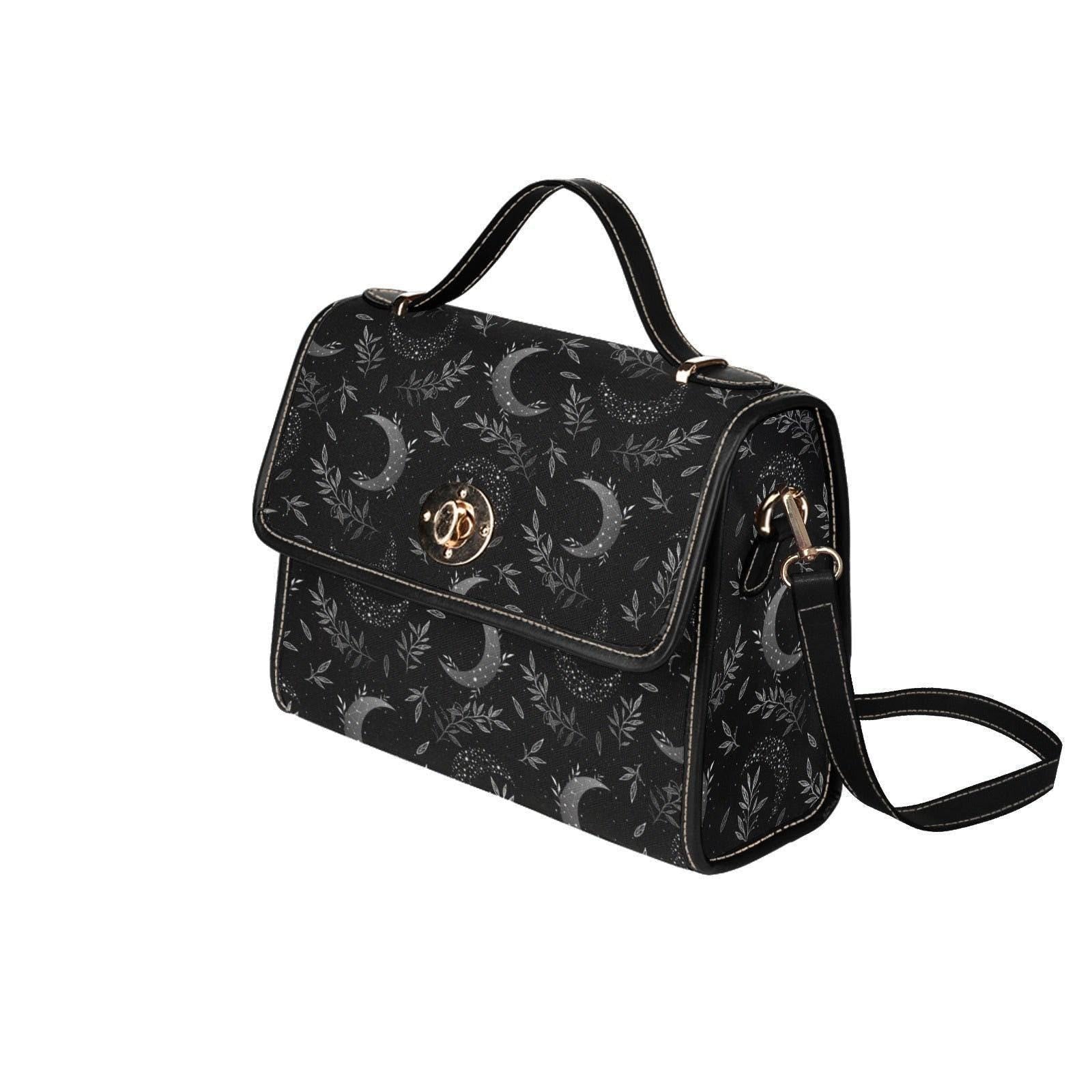 Moon Witch Canvas Bag, Witchy Celestial Purse, Cute Cottagecore Witch Canvas Satchel Bag, Black eco goth satchel, Cottage Core Purse