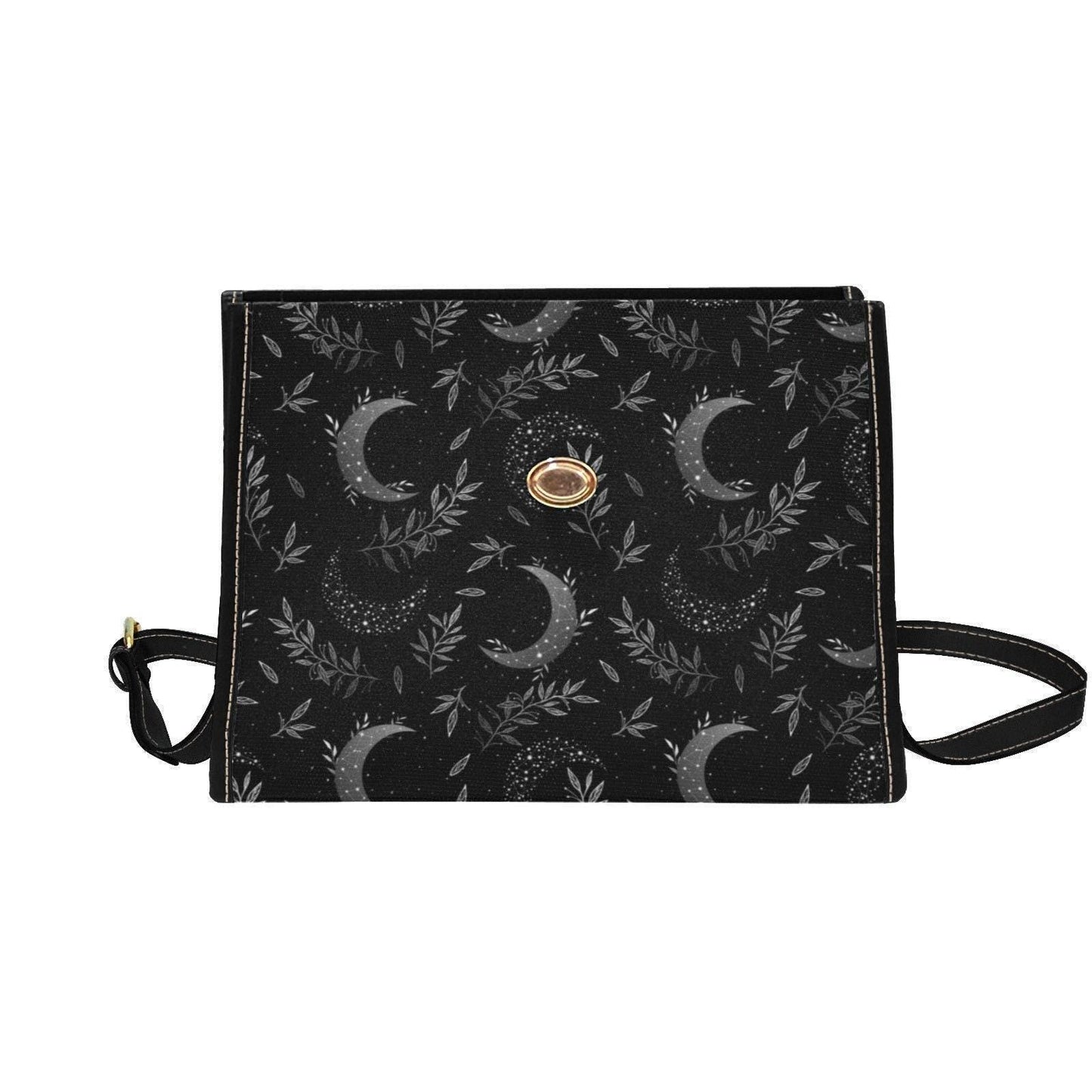 Moon Witch Canvas Bag, Witchy Celestial Purse, Cute Cottagecore Witch Canvas Satchel Bag, Black eco goth satchel, Cottage Core Purse