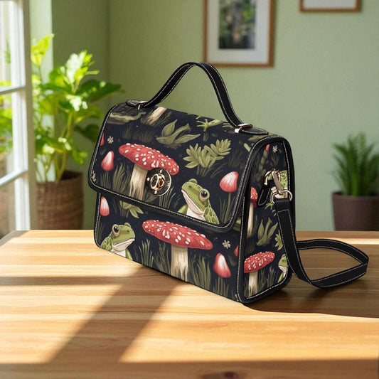 Frog Mushroom Bag, Cottagecore Forest Purse, Fairycore Frog Print Satchel, Whimsical Toadstool Handbag,Goblincore Woodland Nature Lover Gift