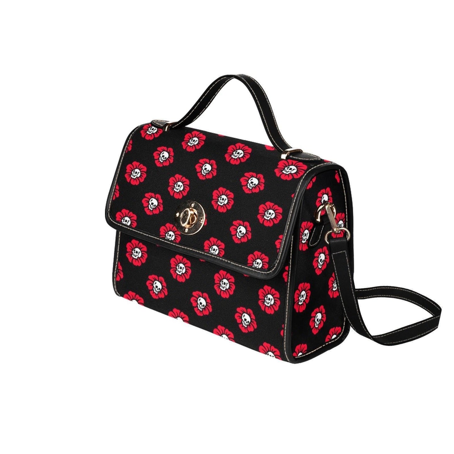 Red Poppy Skull Satchel, Gothic Floral Crossbody Bag, Waterproof Canvas with Vegan Leather Straps