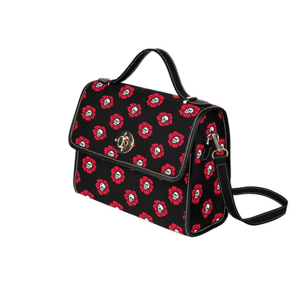 Red Poppy Skull Satchel, Gothic Floral Crossbody Bag, Waterproof Canvas with Vegan Leather Straps
