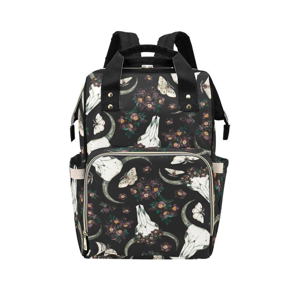 Skull floral backpack, witchy diaper bag, mystical baby travel bag, dark academia mom purse