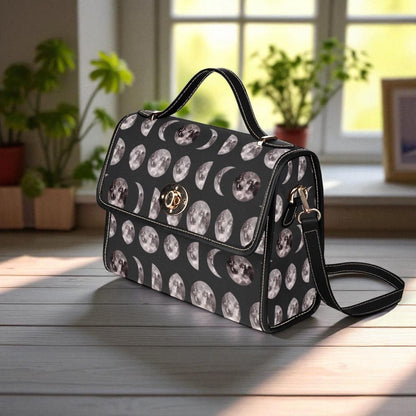 Moon Phases Print Crossbody Bag, Gothic Celestial Satchel, Witchy Lunar Purse for Night Owls