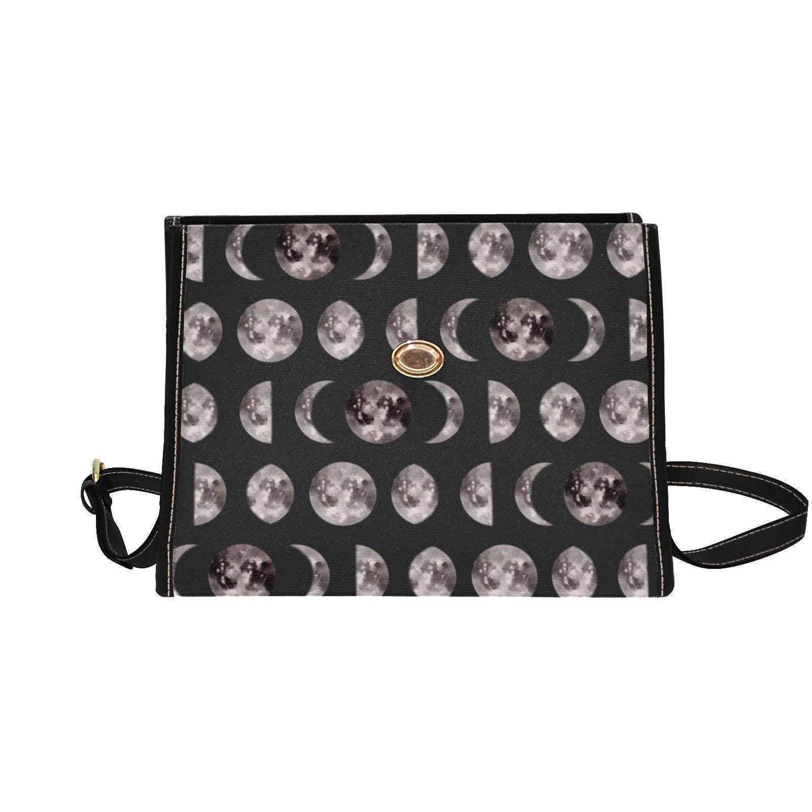 Moon Phases Print Crossbody Bag, Gothic Celestial Satchel, Witchy Lunar Purse for Night Owls