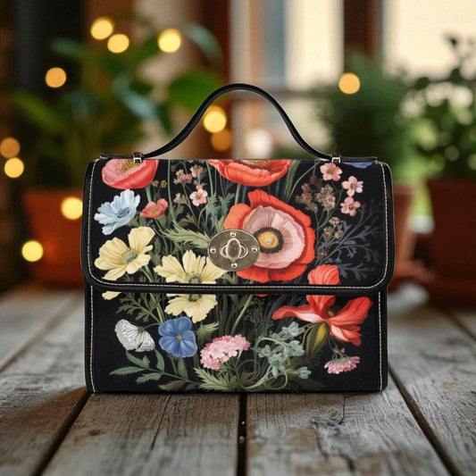 Boho Meadow Tote Bag – Vibrant Poppies, Lilies & Daisies Pattern