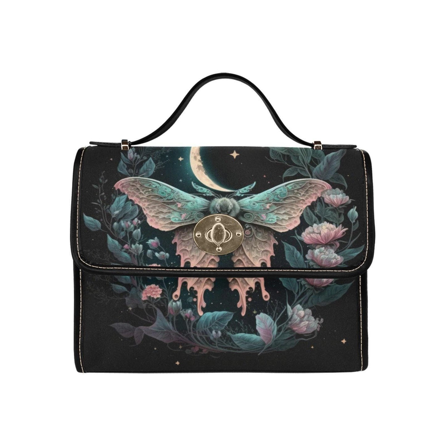 Moon moth handbag, dark floral top handle purse, celestial evening bag
