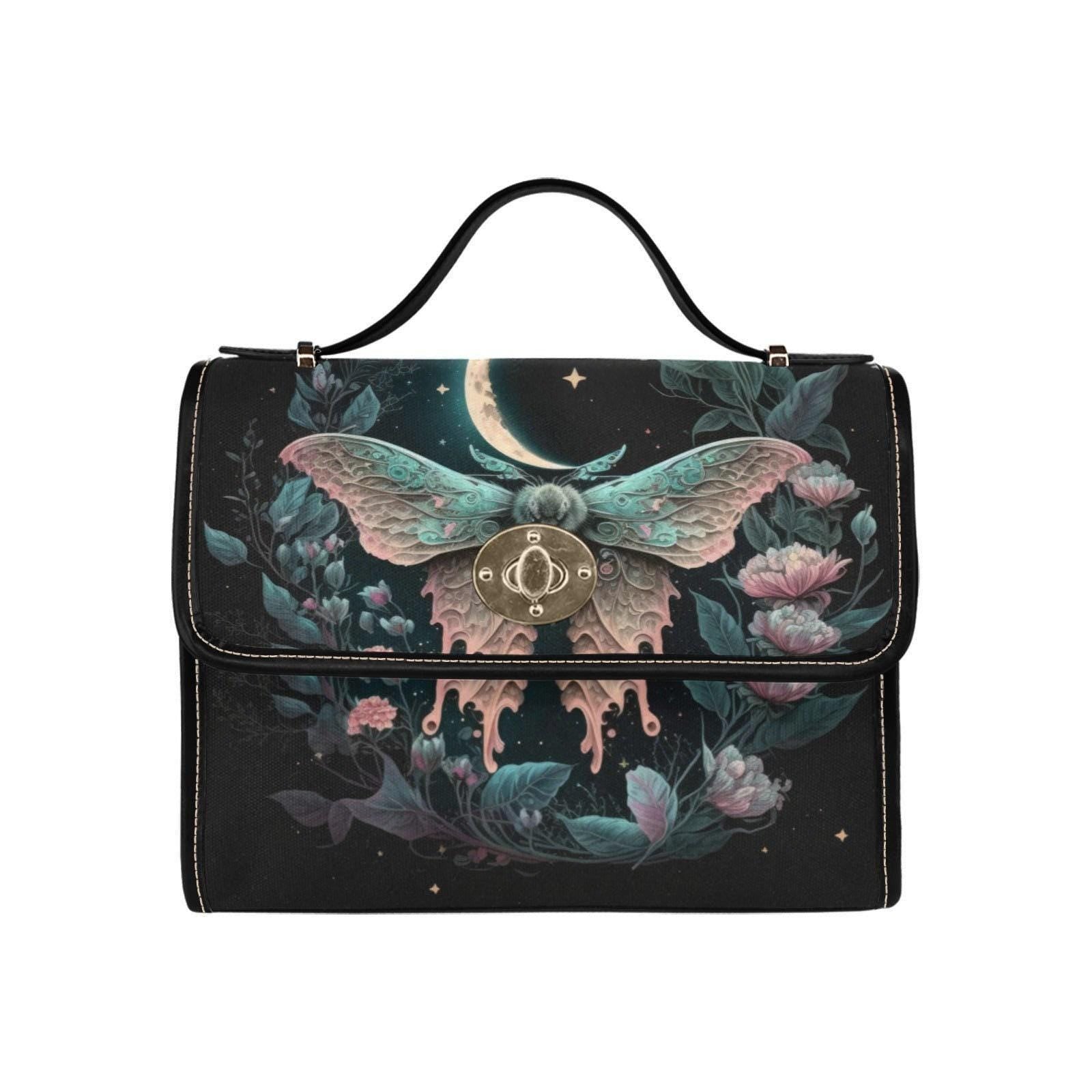 Moon moth handbag, dark floral top handle purse, celestial evening bag