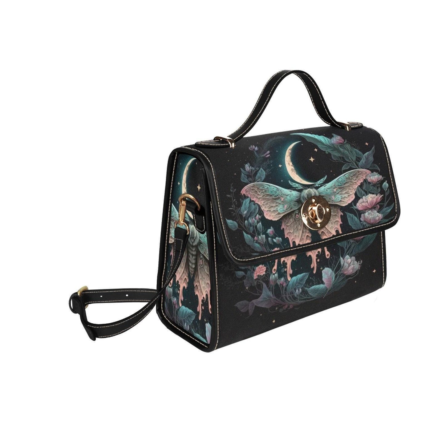 Moon moth handbag, dark floral top handle purse, celestial evening bag