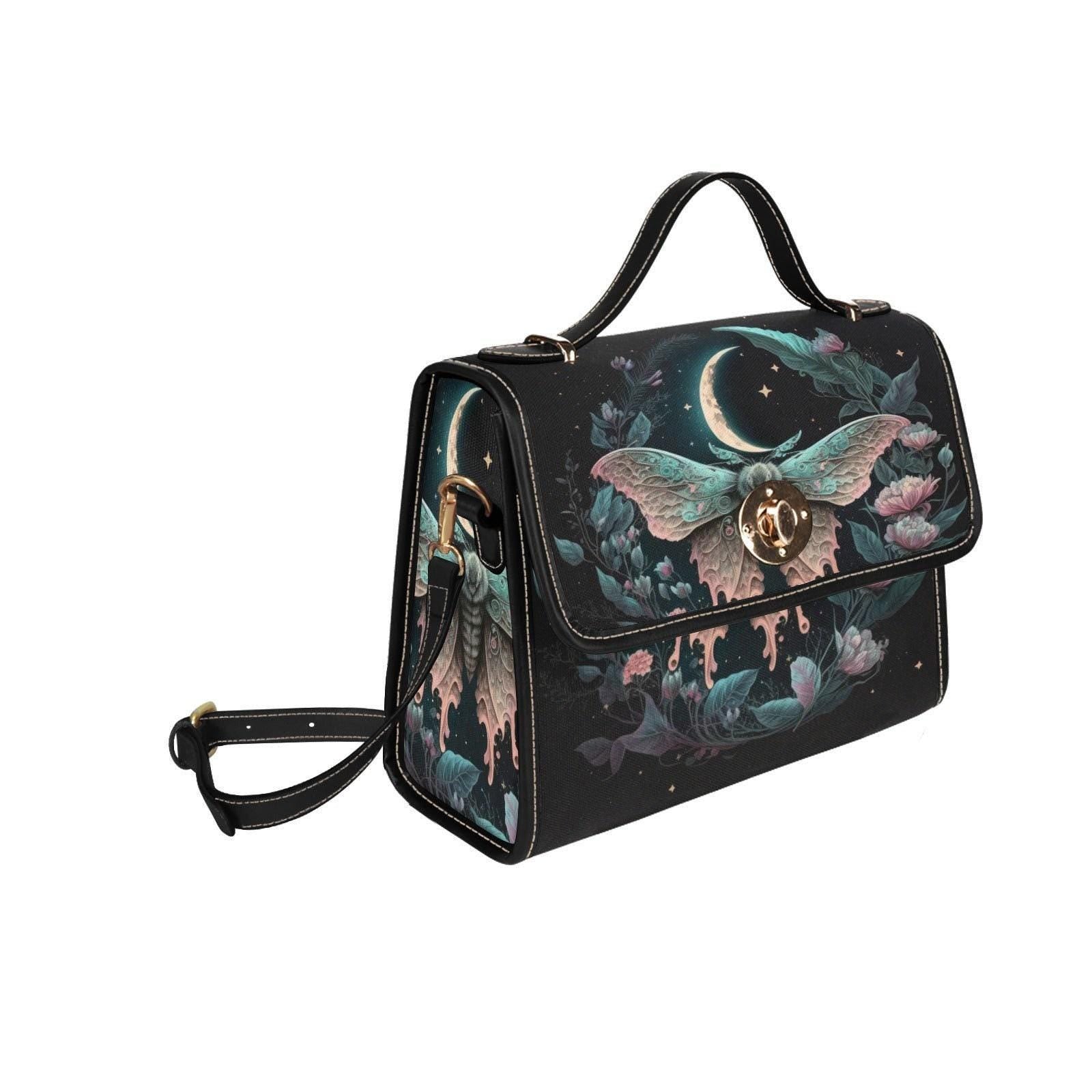 Moon moth handbag, dark floral top handle purse, celestial evening bag