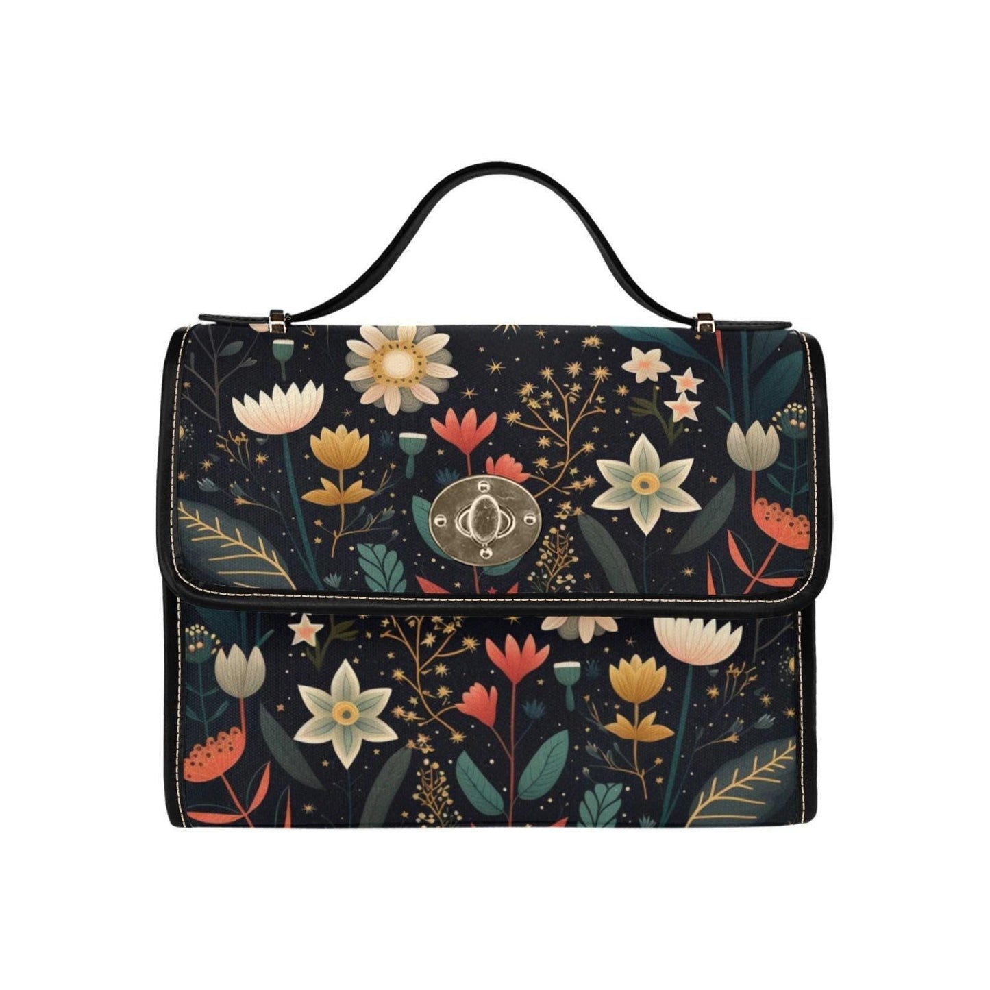 Floral night sky handbag, celestial garden purse, enchanted flower print bag, whimsical botanical shoulder bag, starry bloom crossbody