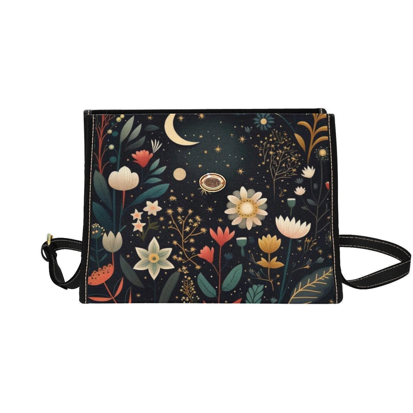 Floral night sky handbag, celestial garden purse, enchanted flower print bag, whimsical botanical shoulder bag, starry bloom crossbody