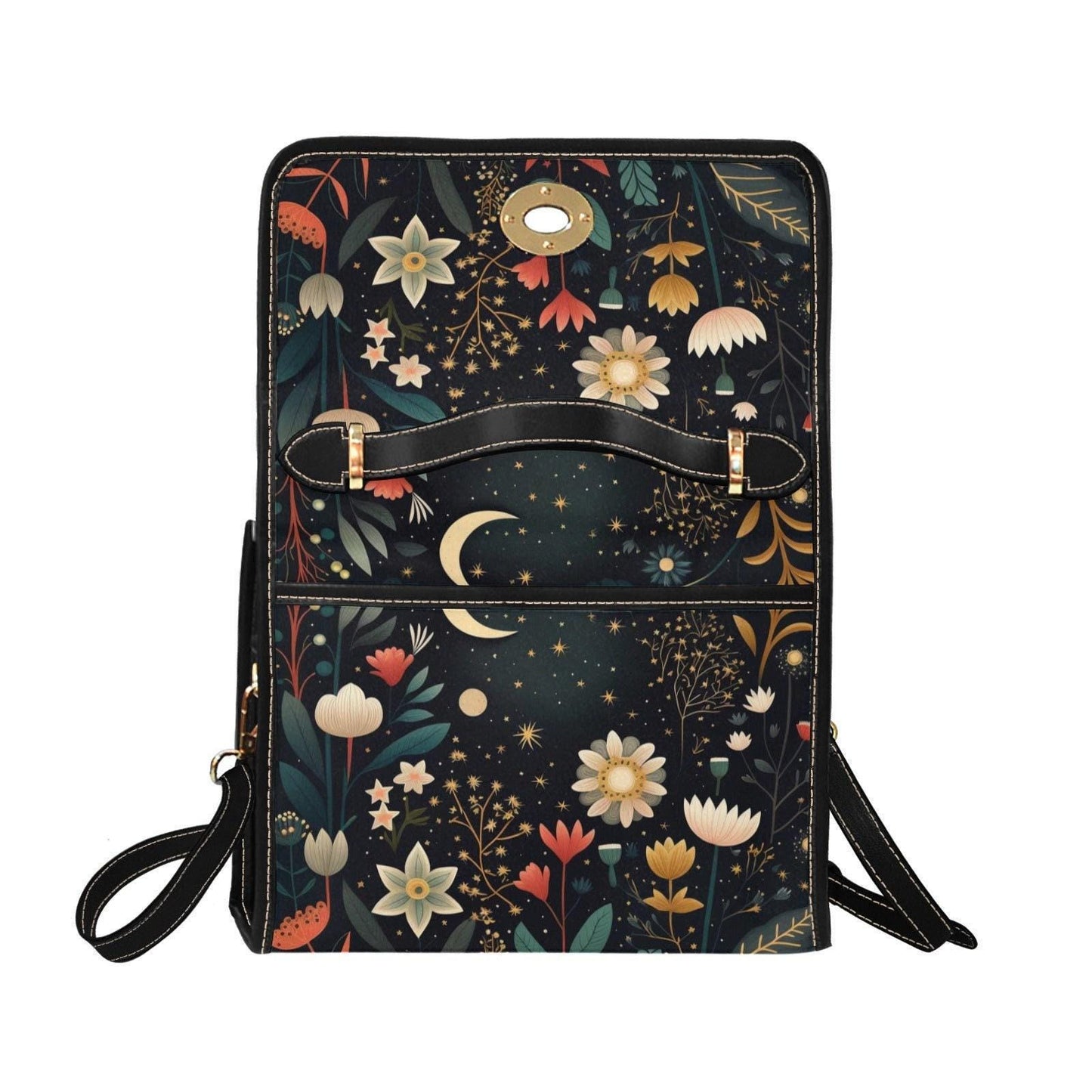 Floral night sky handbag, celestial garden purse, enchanted flower print bag, whimsical botanical shoulder bag, starry bloom crossbody