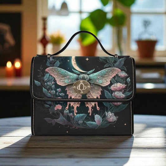 Lunar moth floral satchel, pastel moon top handle bag, dreamy fairycore crossbody, celestial moth print purse, whimsical witchy accessory