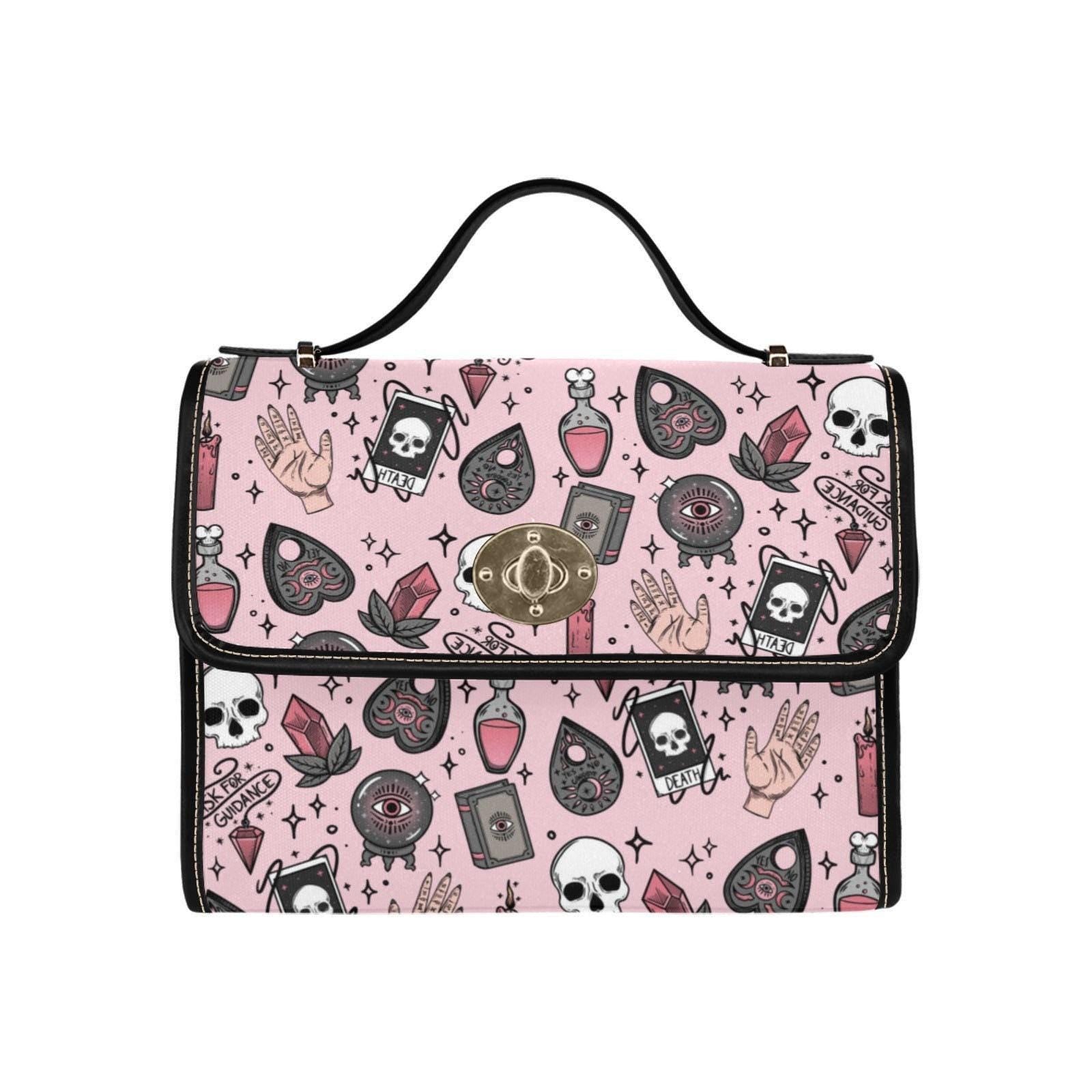 Pink witch purse, spooky pastel handbag, structured kawaii satchel, pink occult crossbody bag, witchcore goth girl purse, cute aesthetic bag