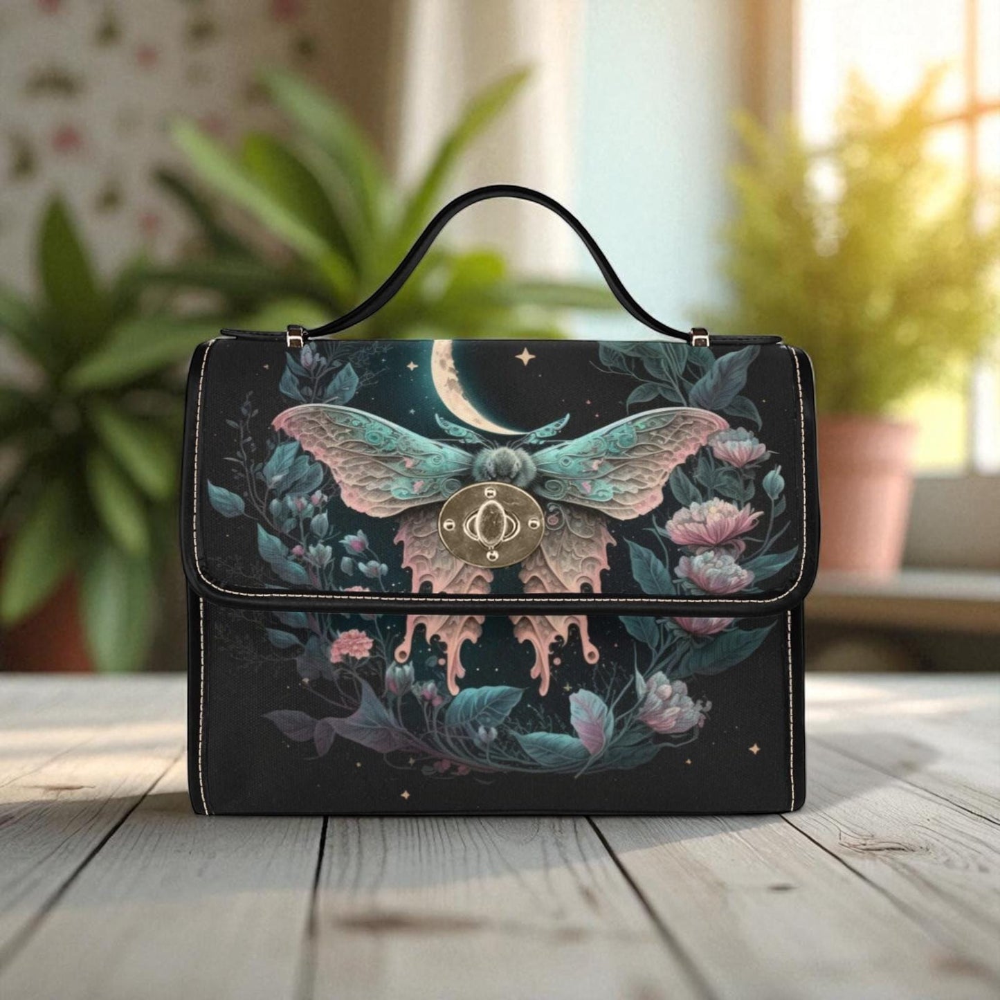 Pastel moth floral satchel bag, fairycore crossbody with celestial moon and star design, dreamy witch tote