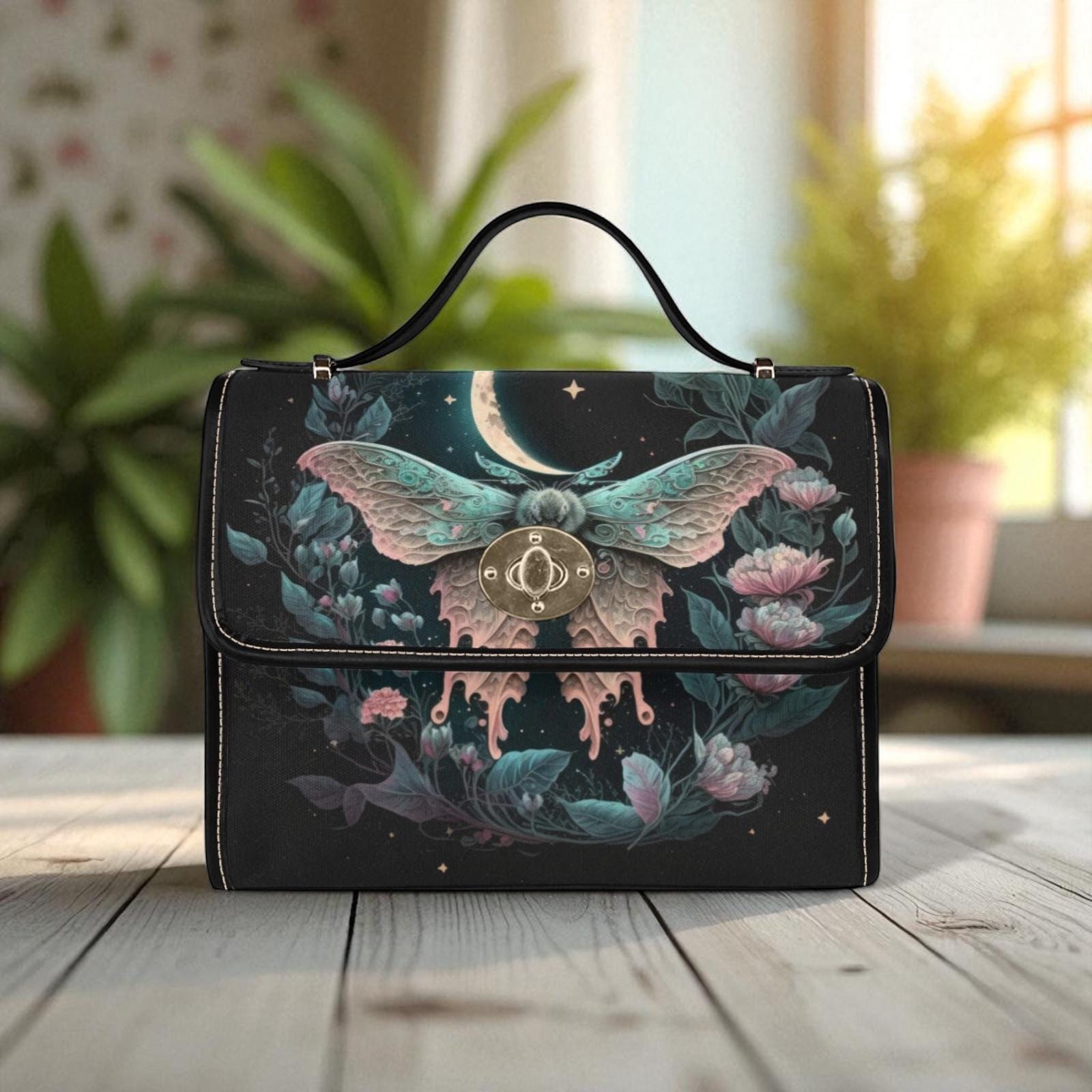 Pastel moth floral satchel bag, fairycore crossbody with celestial moon and star design, dreamy witch tote