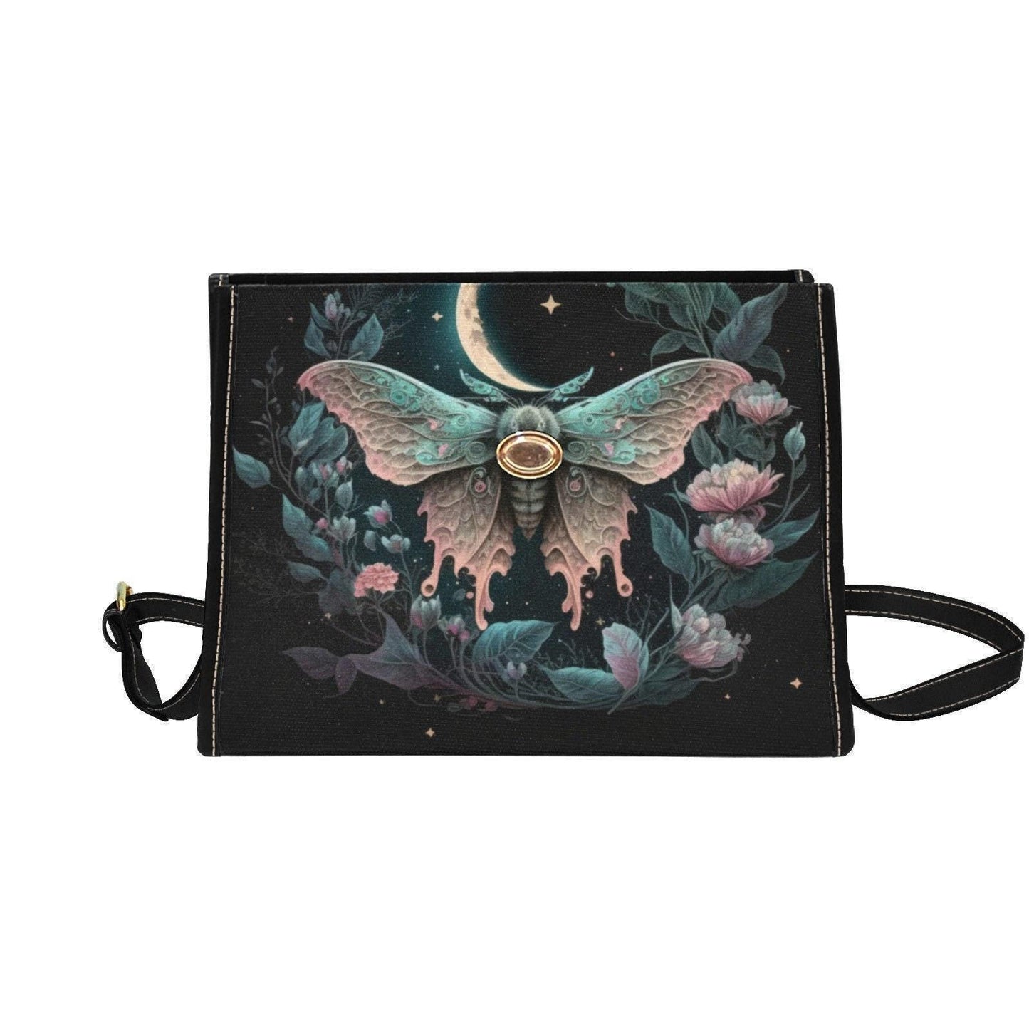 Pastel moth floral satchel bag, fairycore crossbody with celestial moon and star design, dreamy witch tote