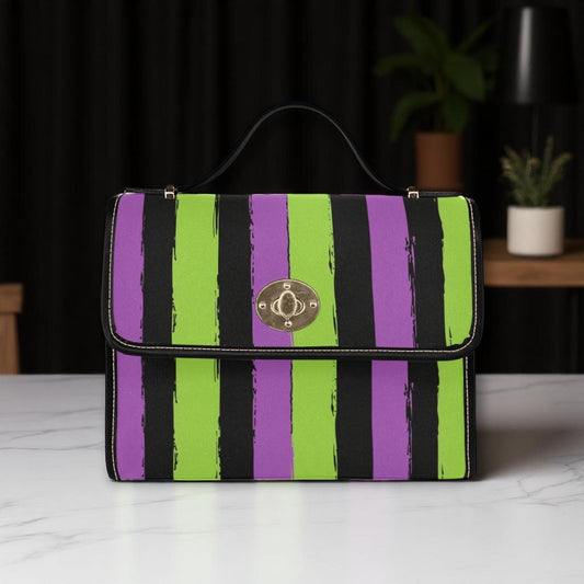Green and Purple Striped Bag, Halloween Top Handle Purse, Witchcore Statement Handbag, Spooky Goth Satchel, Creepy Cute Shoulder Bag