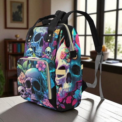 Pastel Skull Floral Diaper Backpack, Gothic Baby Tote, Spooky Mom Bag with Neon Skulls
