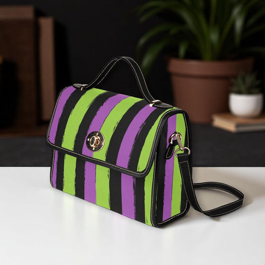 Green and Purple Striped Bag, Halloween Top Handle Purse, Witchcore Statement Handbag, Spooky Goth Satchel, Creepy Cute Shoulder Bag