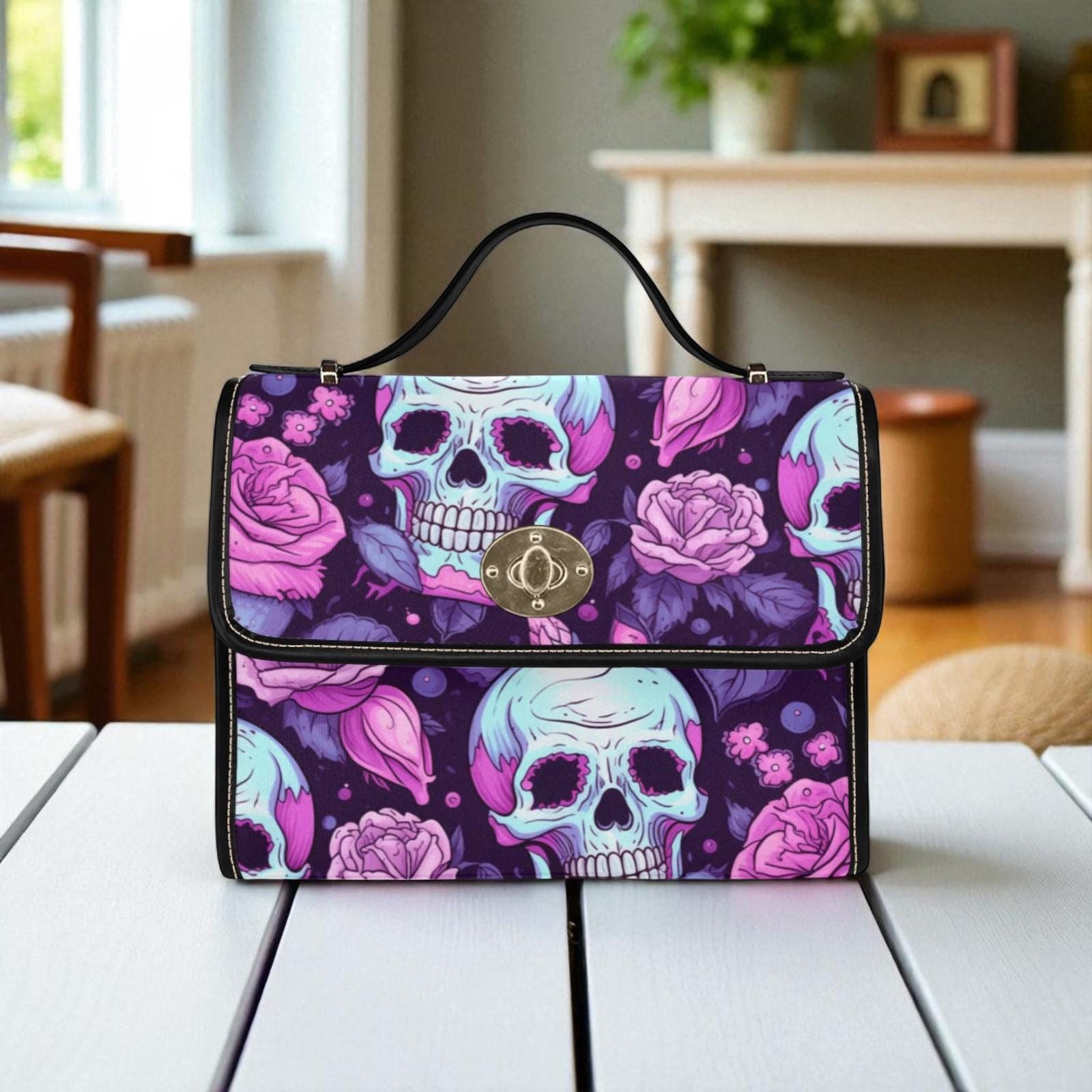 Pastel Skull Bag, Pink Rose Crossbody, Creepy Cute Purse, Soft Goth Handbag, Skull Floral Print, Witchy Gift Idea, Kawaii Goth Accessory