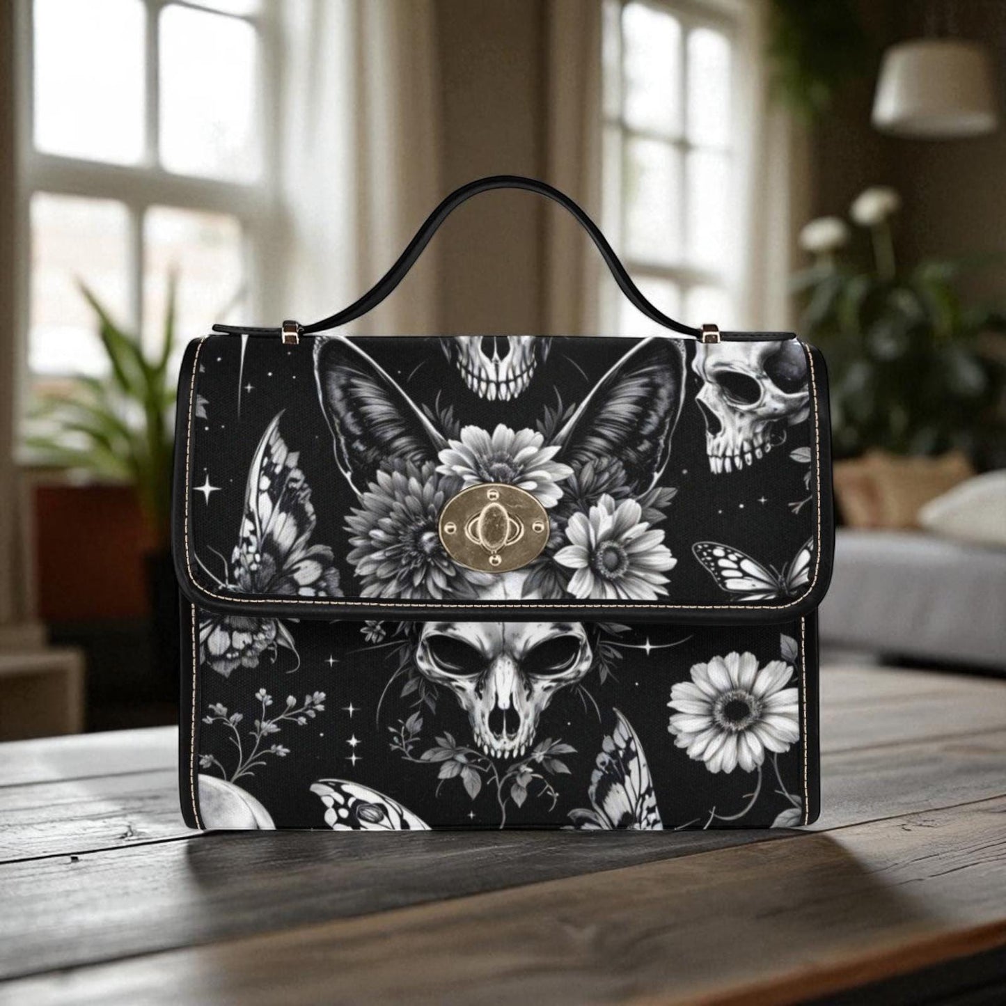 Dark floral skull satchel bag, fantasy familiar crossbody with moth and cat motifs