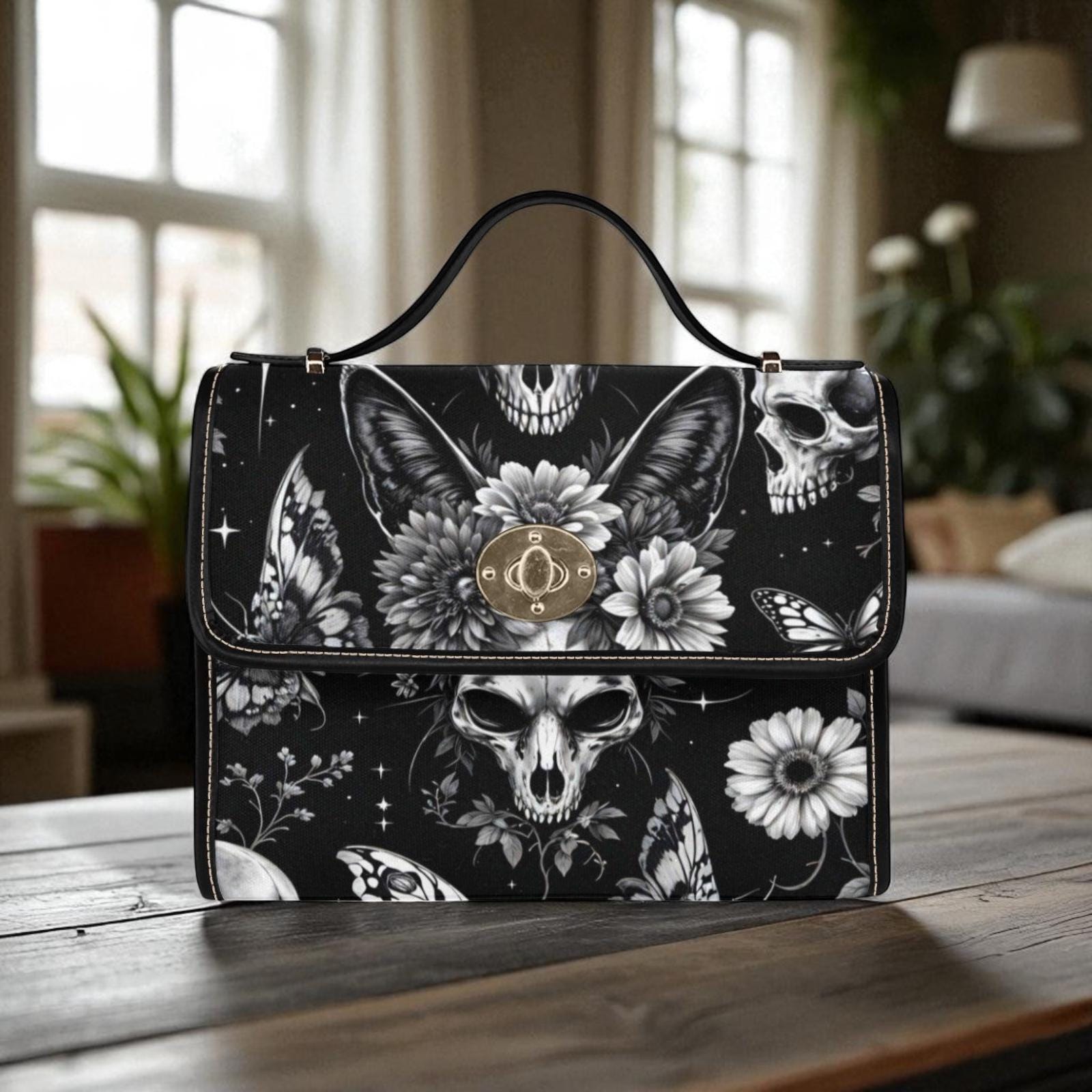 Dark floral skull satchel bag, fantasy familiar crossbody with moth and cat motifs