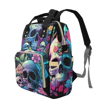 Pastel Skull Floral Diaper Backpack, Gothic Baby Tote, Spooky Mom Bag with Neon Skulls