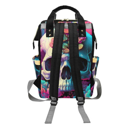 Pastel Skull Floral Diaper Backpack, Gothic Baby Tote, Spooky Mom Bag with Neon Skulls